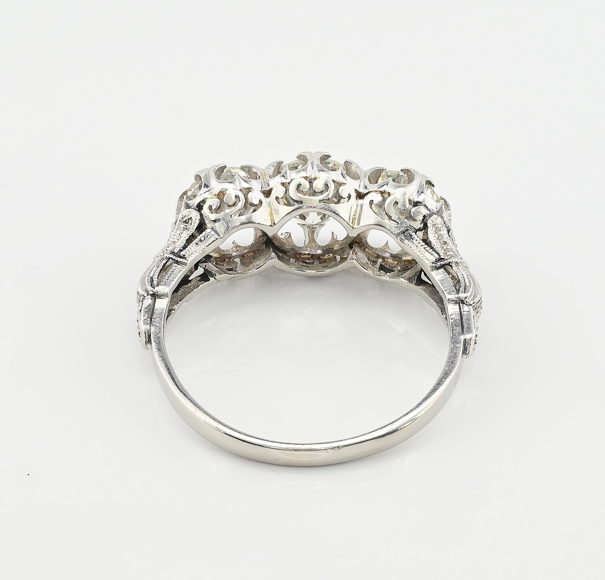 Art Deco 1.97 Ct Three Stone Diamond Platinum Engagement Ring For Sale 5