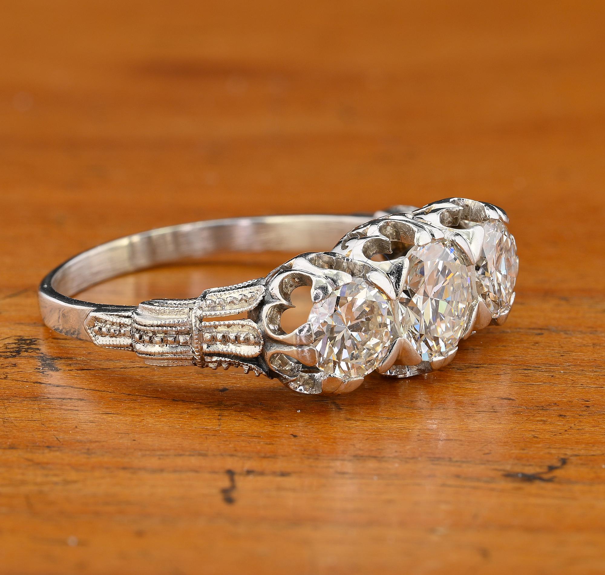 Women's Art Deco 1.97 Ct Three Stone Diamond Platinum Engagement Ring For Sale