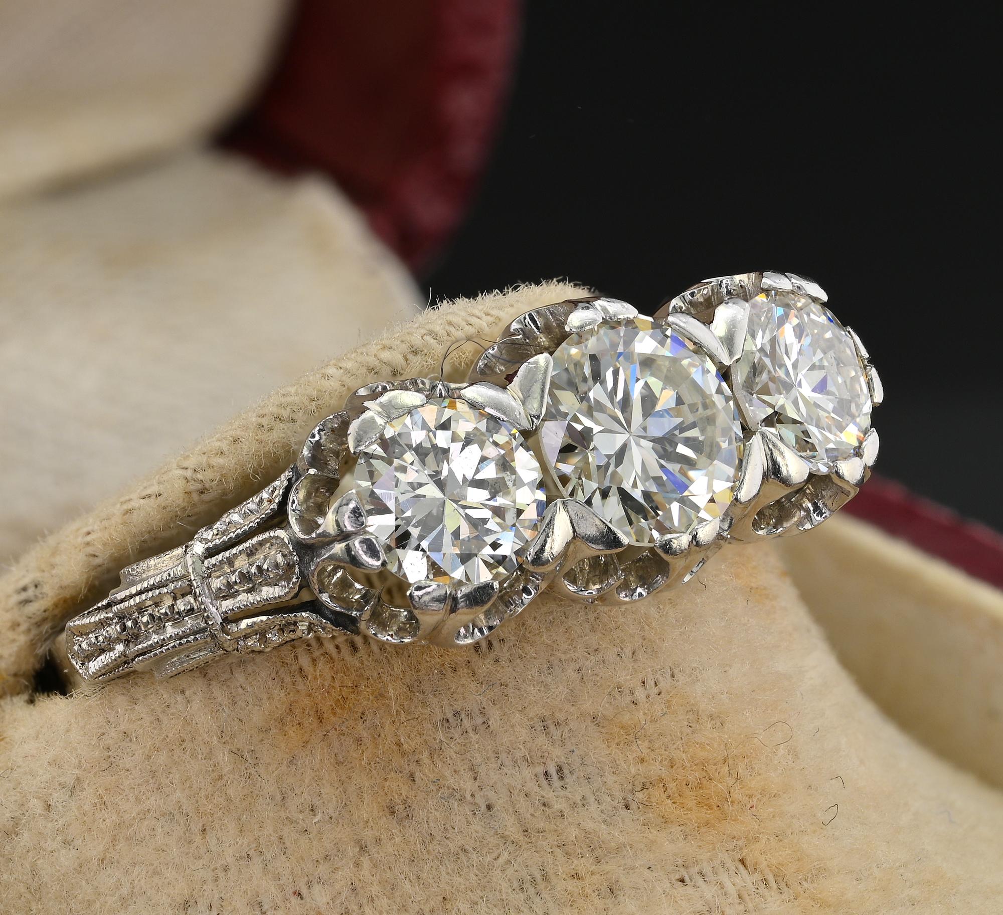 Art Deco 1.97 Ct Three Stone Diamond Platinum Engagement Ring For Sale 1
