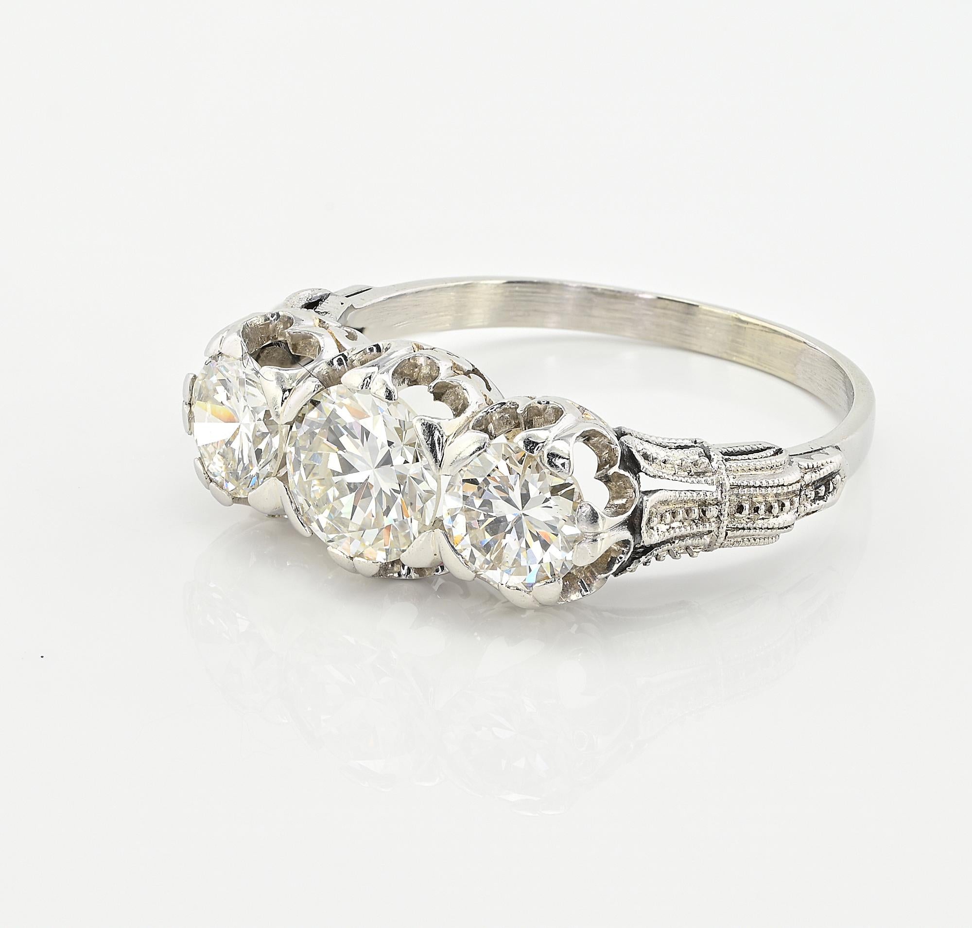 Art Deco 1.97 Ct Three Stone Diamond Platinum Engagement Ring For Sale 2