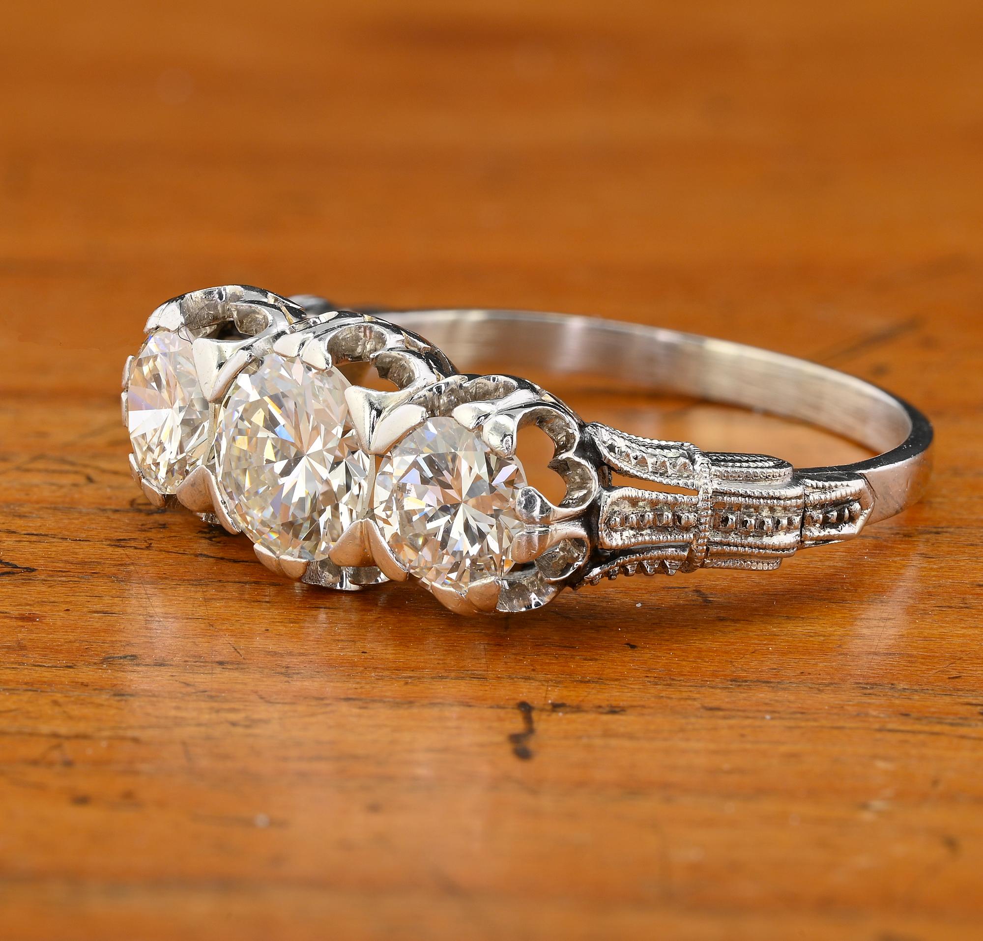 Art Deco 1.97 Ct Three Stone Diamond Platinum Engagement Ring For Sale 3
