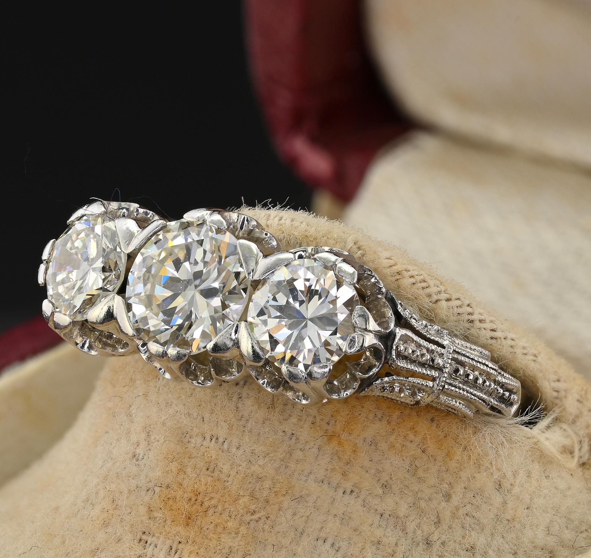 Art Deco 1.97 Ct Three Stone Diamond Platinum Engagement Ring For Sale 4