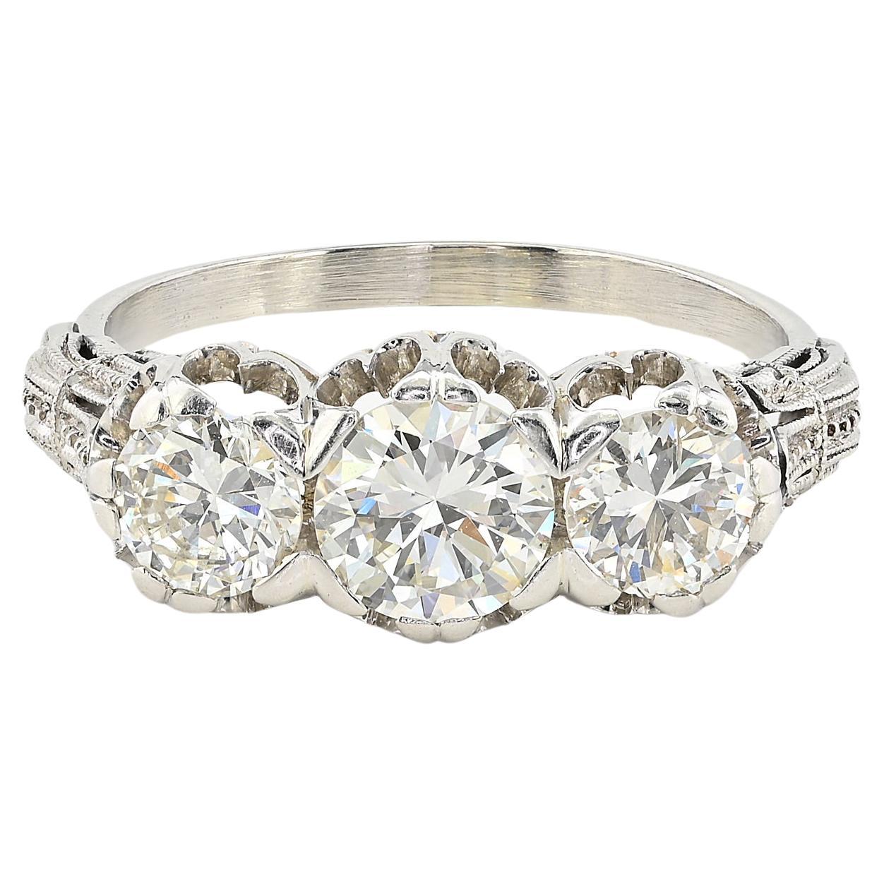 Art Deco 1.97 Ct Three Stone Diamond Platinum Engagement Ring For Sale