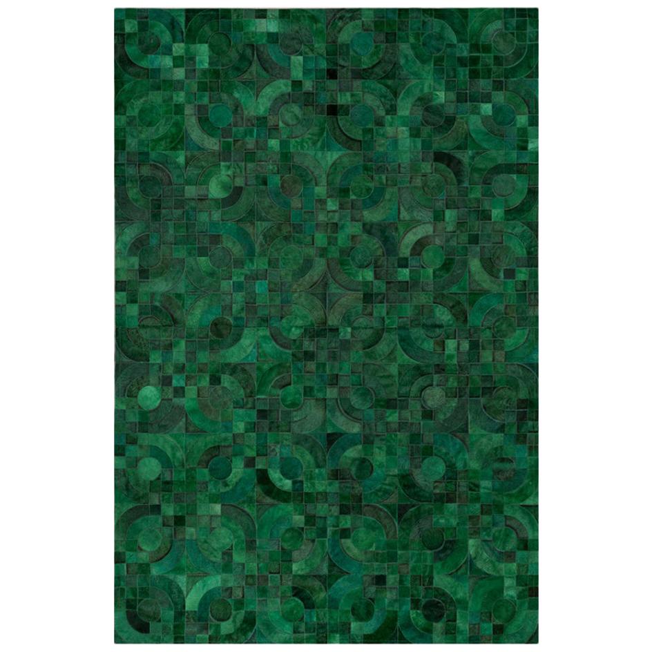 Dark green,  1970s inspired Customizable Optico Cowhide Area Floor Rug Small For Sale
