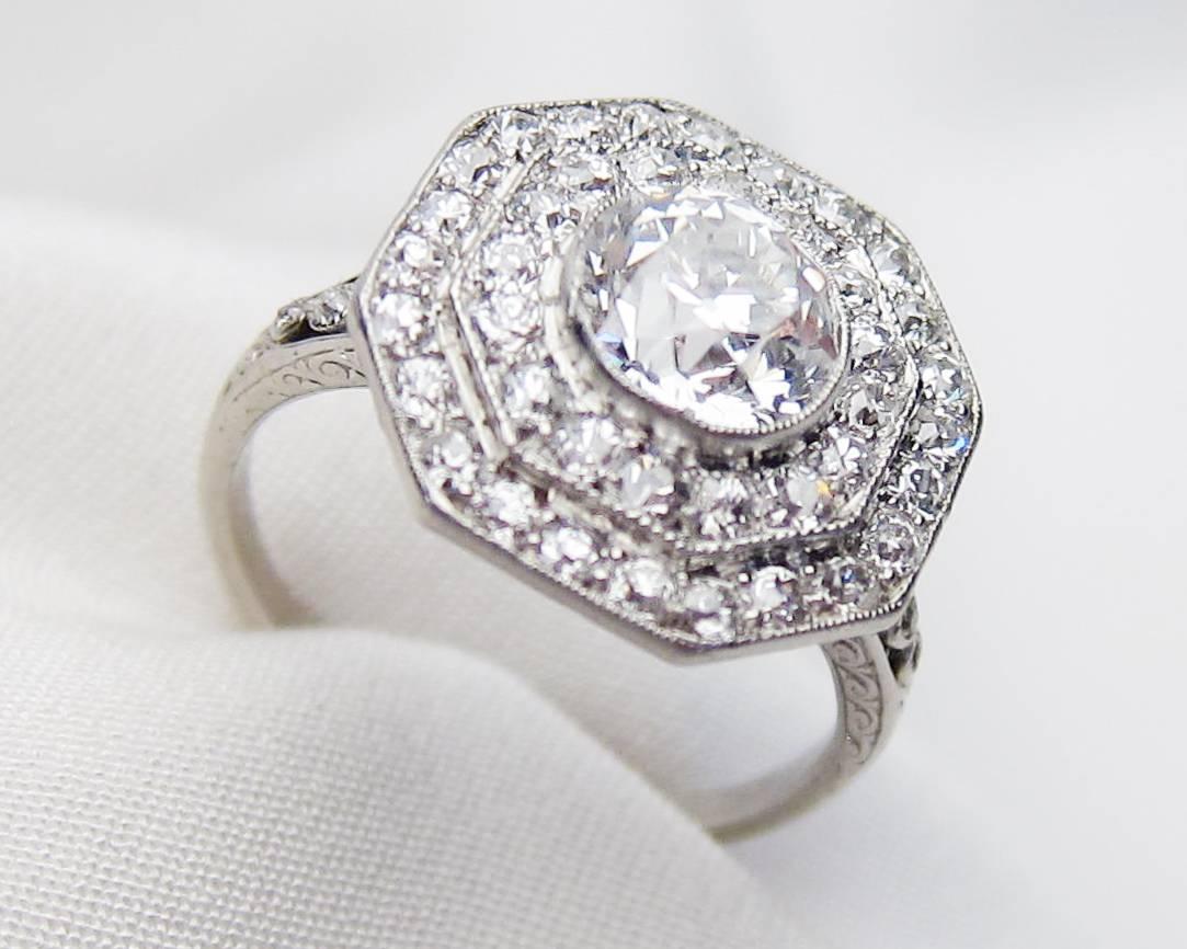 Old European Cut Art Deco 1.98 Carat Diamond Double-Tier Platinum Halo Engagement Ring For Sale