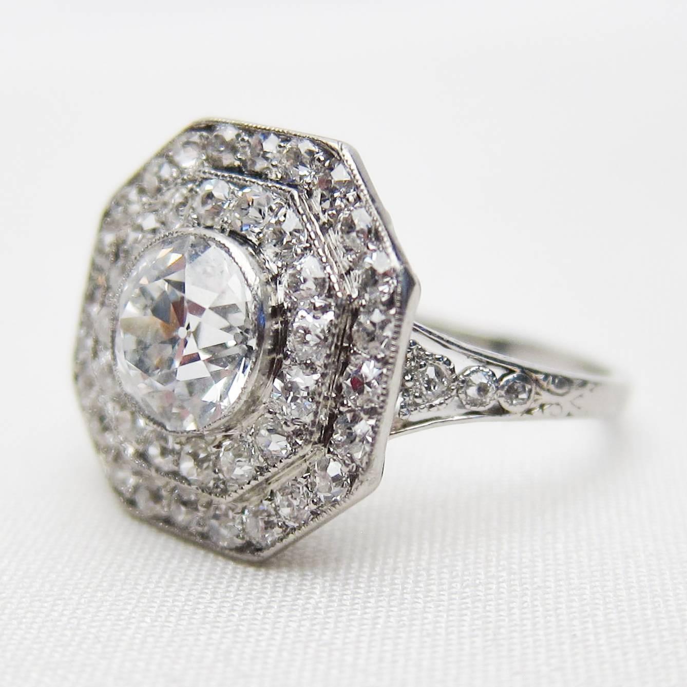 Art Deco 1.98 Carat Diamond Double-Tier Platinum Halo Engagement Ring In Excellent Condition For Sale In Seattle, WA