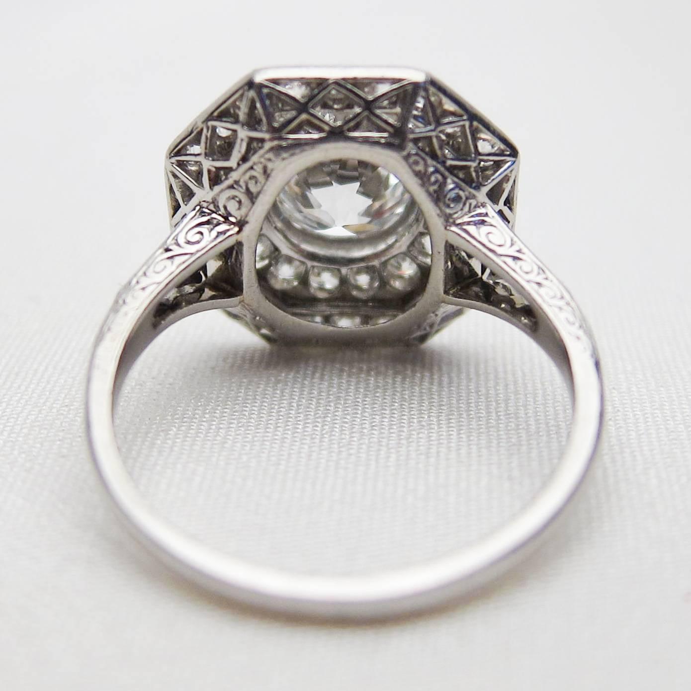 Art Deco 1.98 Carat Diamond Double-Tier Platinum Halo Engagement Ring For Sale 1
