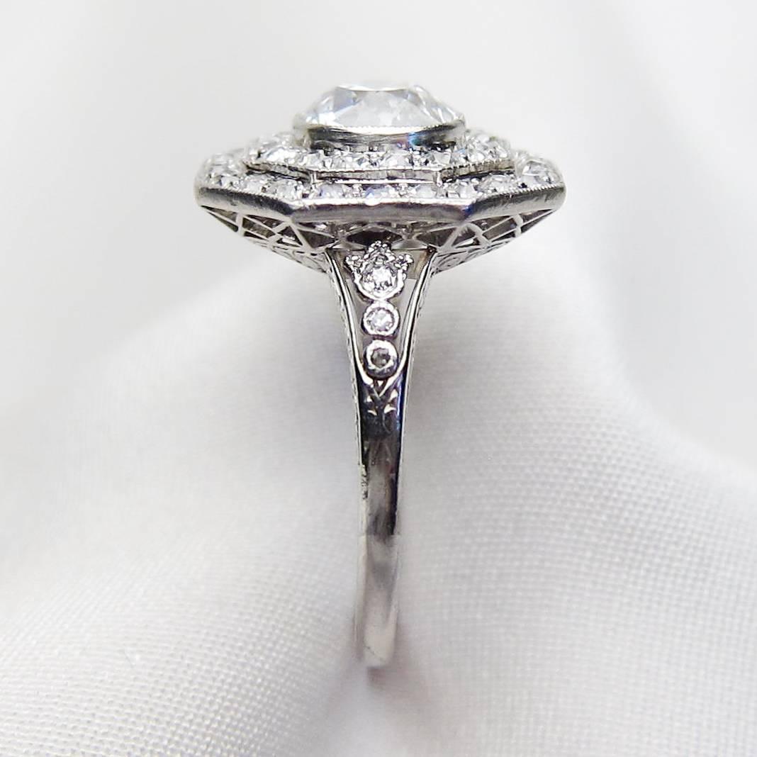 Art Deco 1.98 Carat Diamond Double-Tier Platinum Halo Engagement Ring For Sale 2