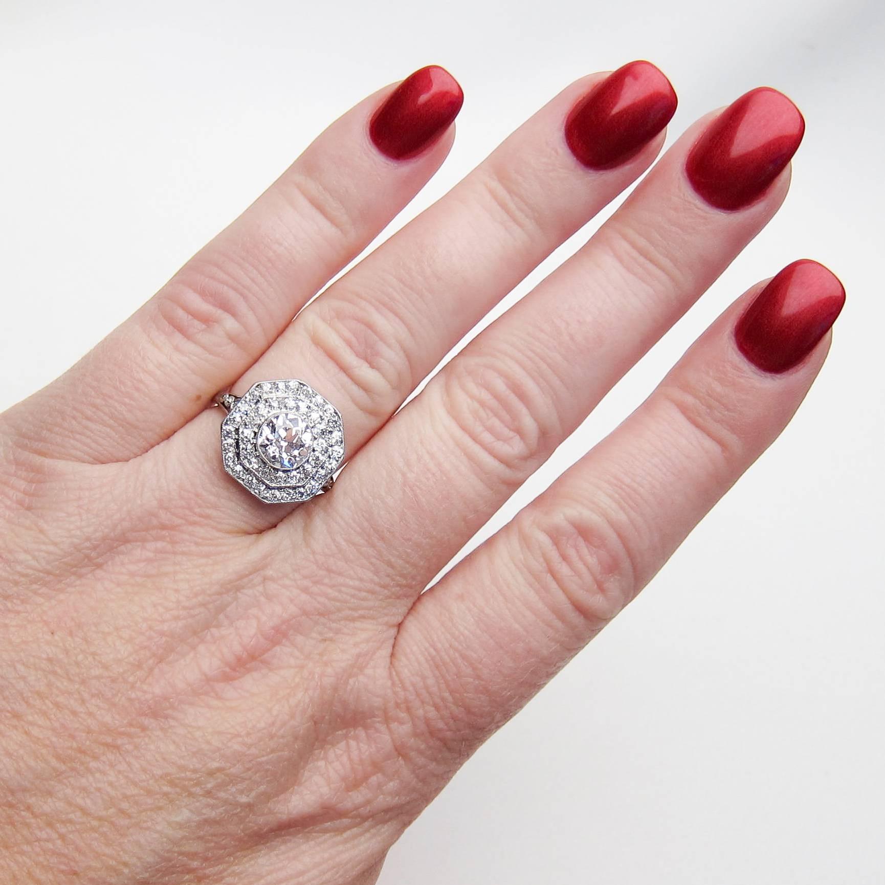 Art Deco 1.98 Carat Diamond Double-Tier Platinum Halo Engagement Ring For Sale 3