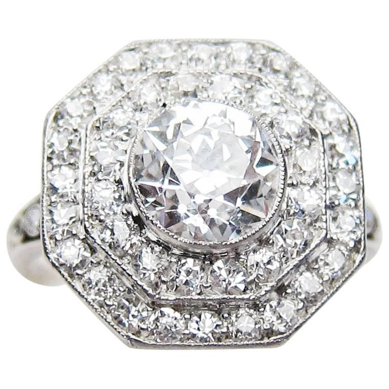 Art Deco 1.98 Carat Diamond Double-Tier Platinum Halo Engagement Ring For Sale