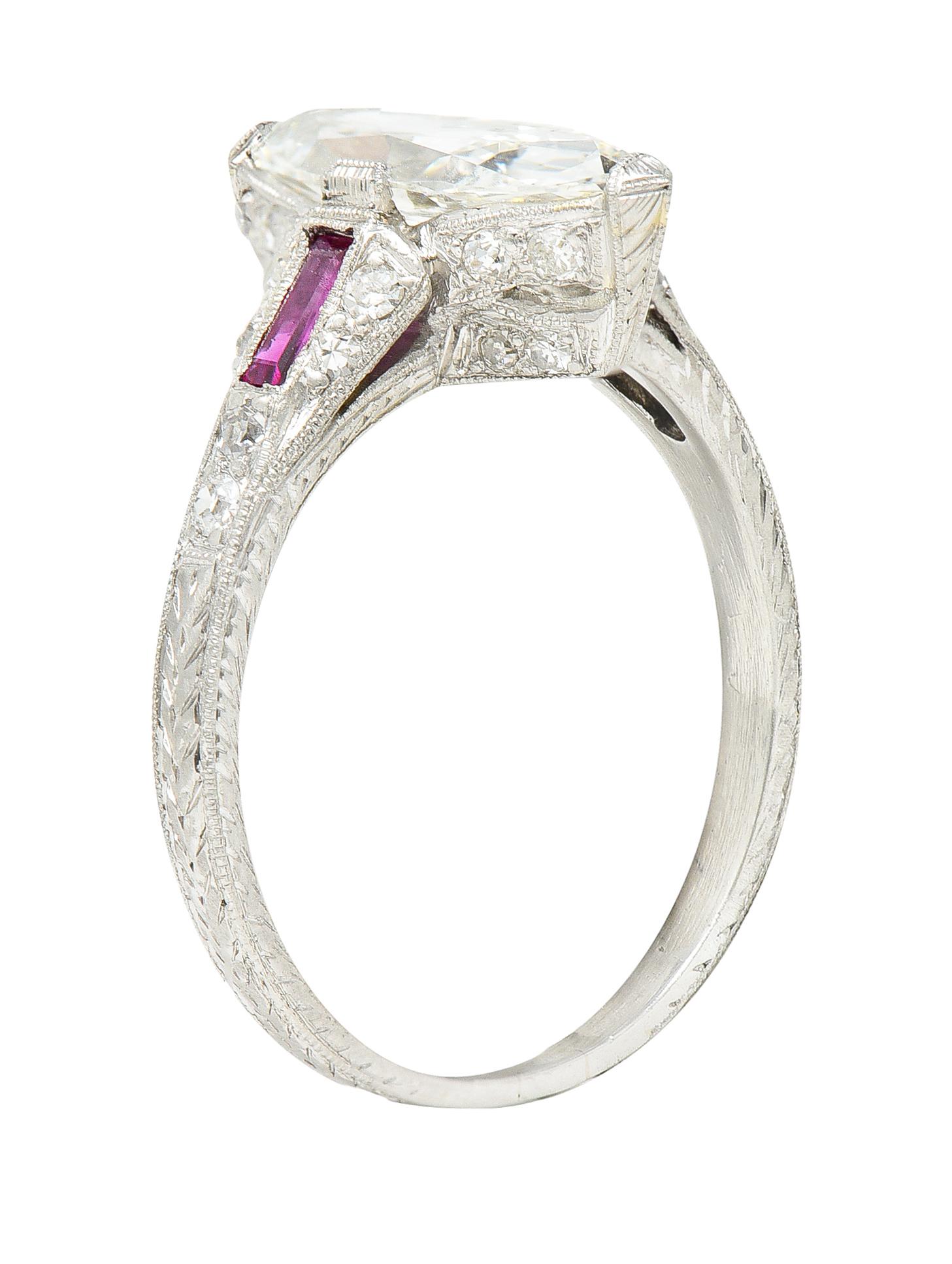Art Deco 1.98 Carats Marquise Cut Diamond Ruby Platinum Wheat Engagement Ring 6