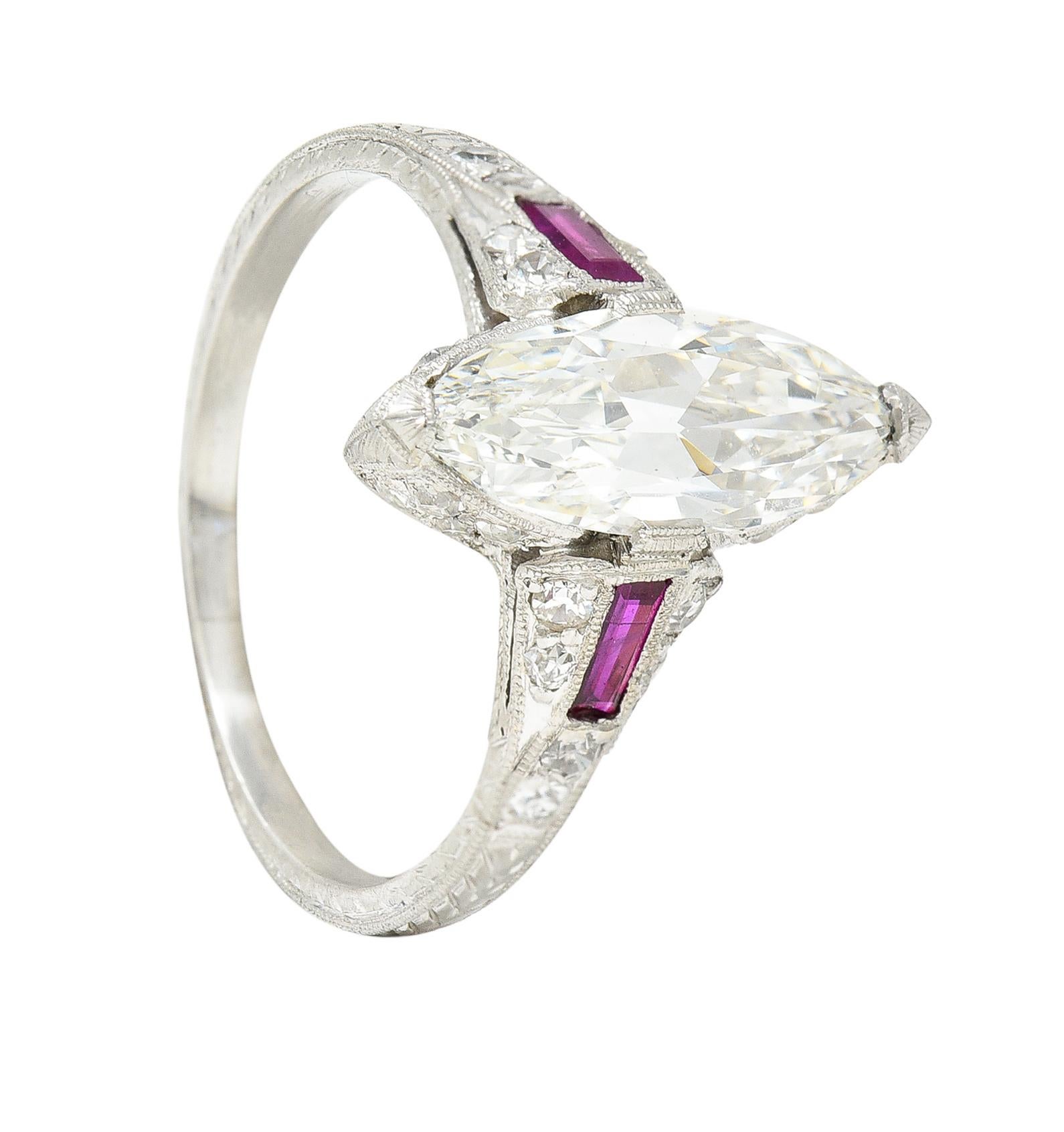 Art Deco 1.98 Carats Marquise Cut Diamond Ruby Platinum Wheat Engagement Ring 7