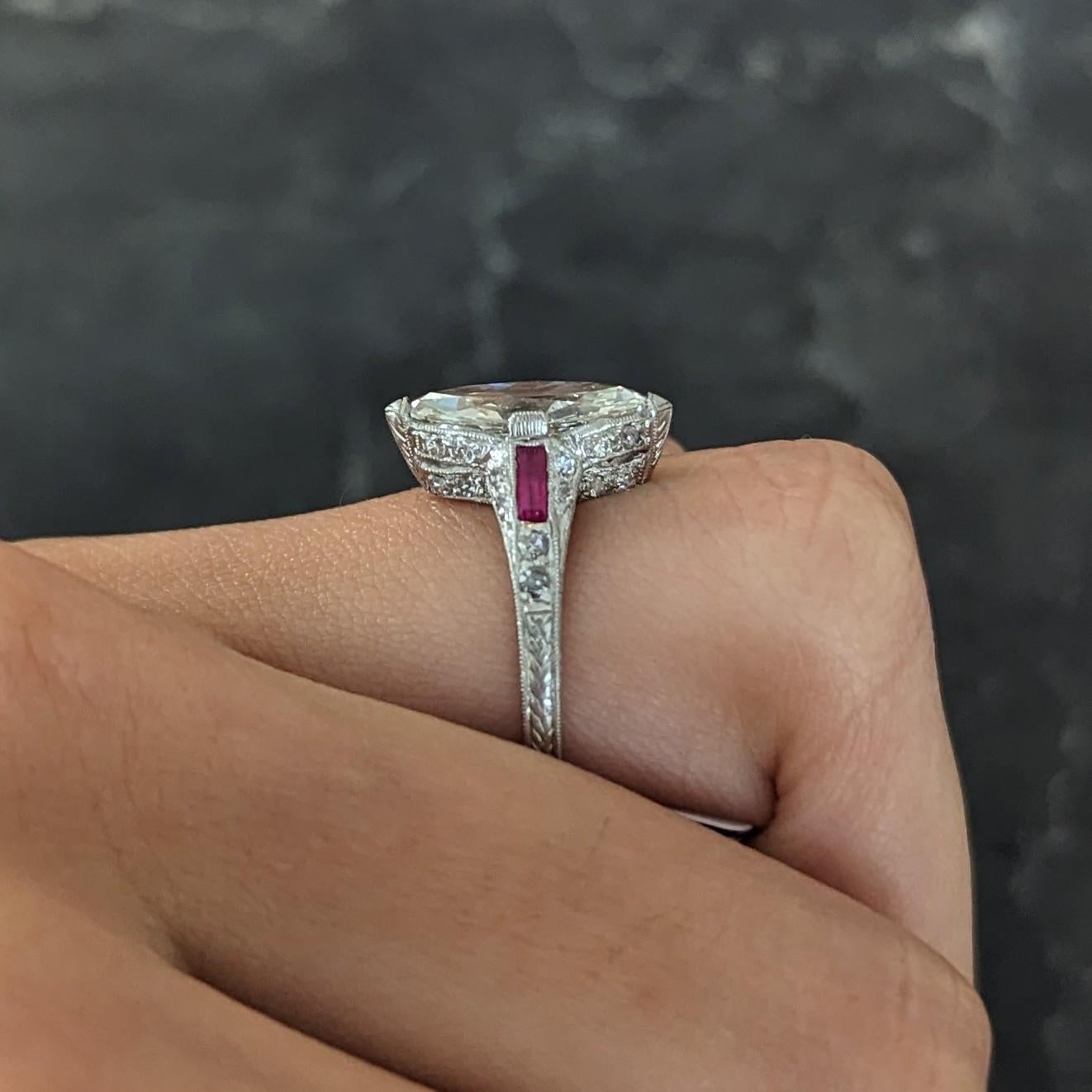 Art Deco 1.98 Carats Marquise Cut Diamond Ruby Platinum Wheat Engagement Ring 9