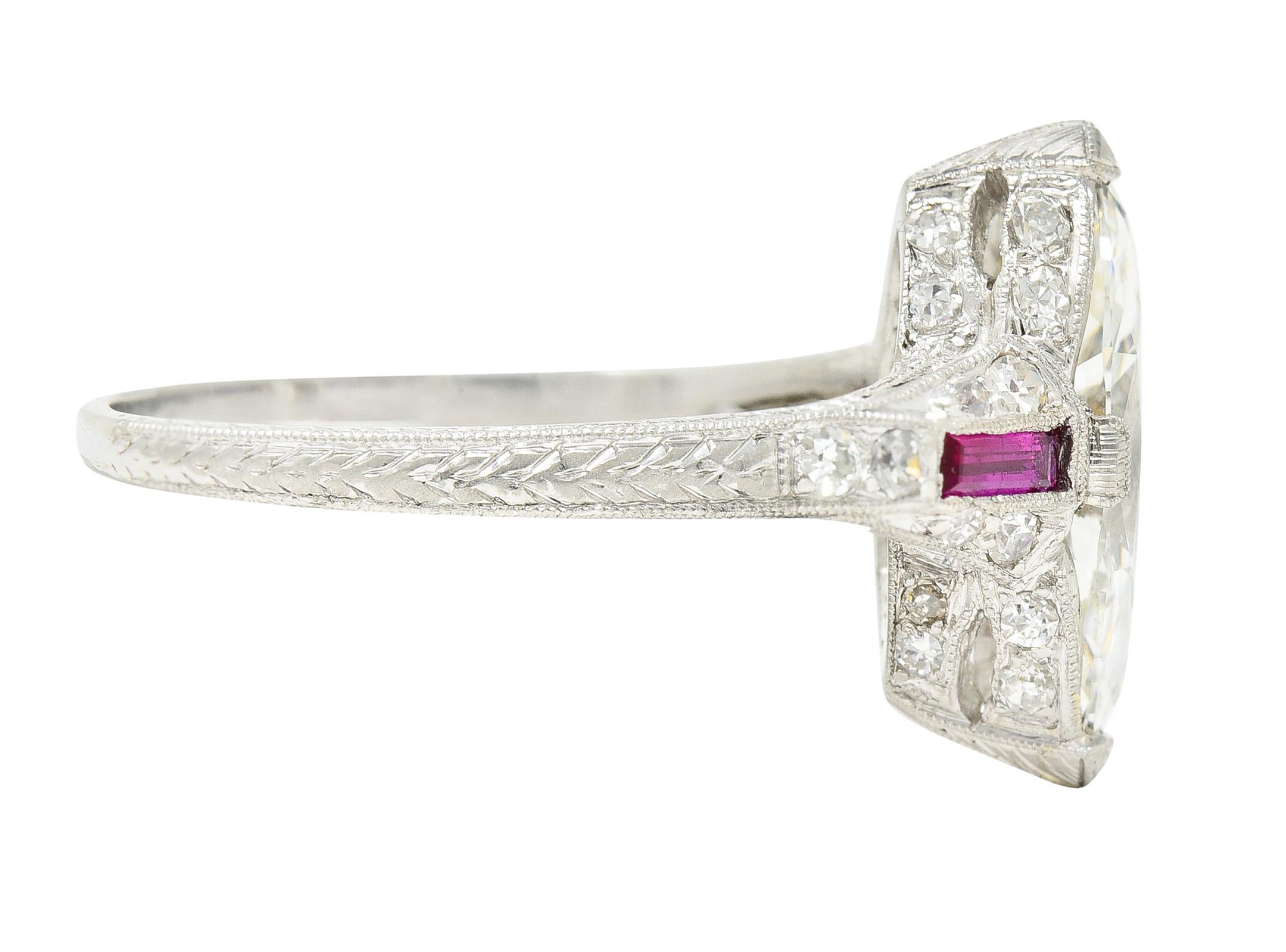 Art Deco 1.98 Carats Marquise Cut Diamond Ruby Platinum Wheat Engagement Ring In Excellent Condition In Philadelphia, PA