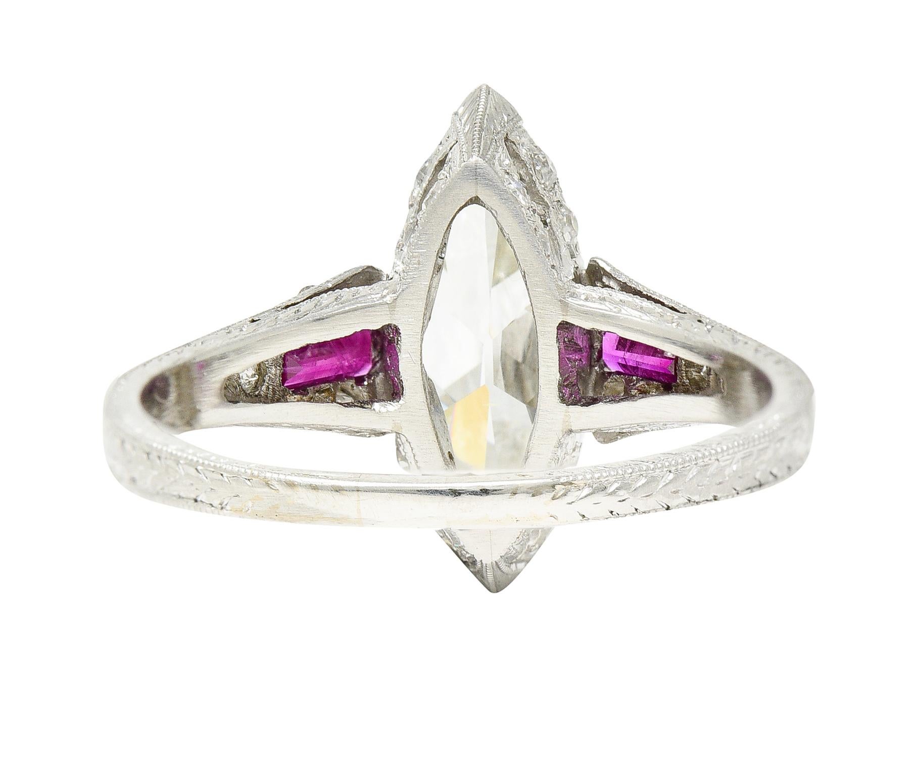 Women's or Men's Art Deco 1.98 Carats Marquise Cut Diamond Ruby Platinum Wheat Engagement Ring