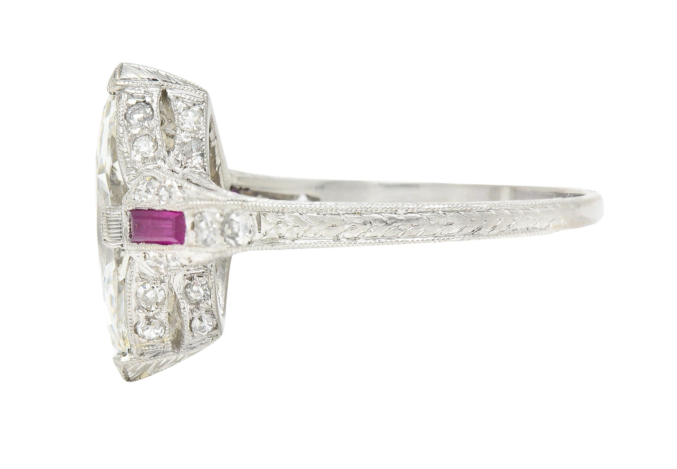Art Deco 1.98 Carats Marquise Cut Diamond Ruby Platinum Wheat Engagement Ring 1