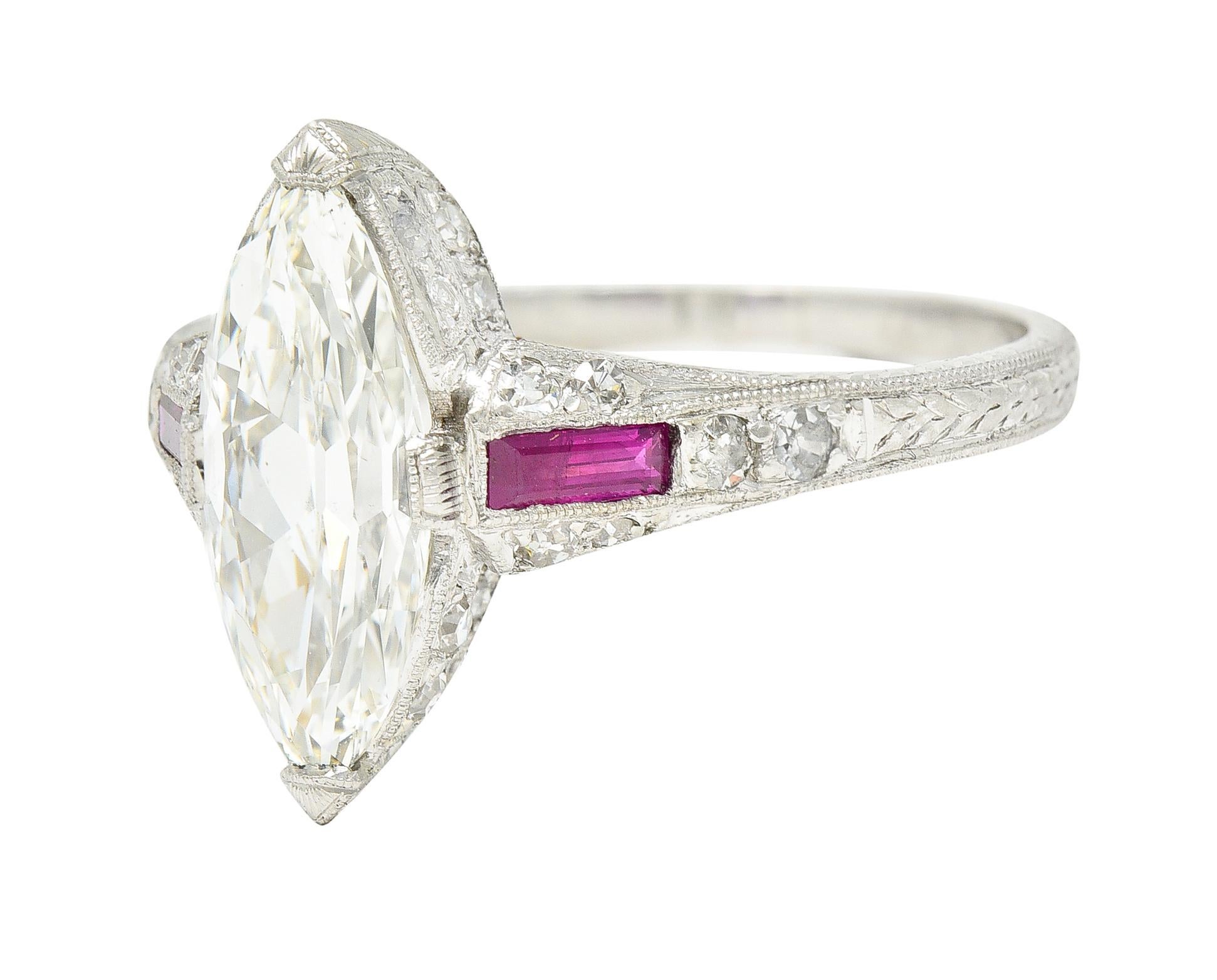Art Deco 1.98 Carats Marquise Cut Diamond Ruby Platinum Wheat Engagement Ring 2