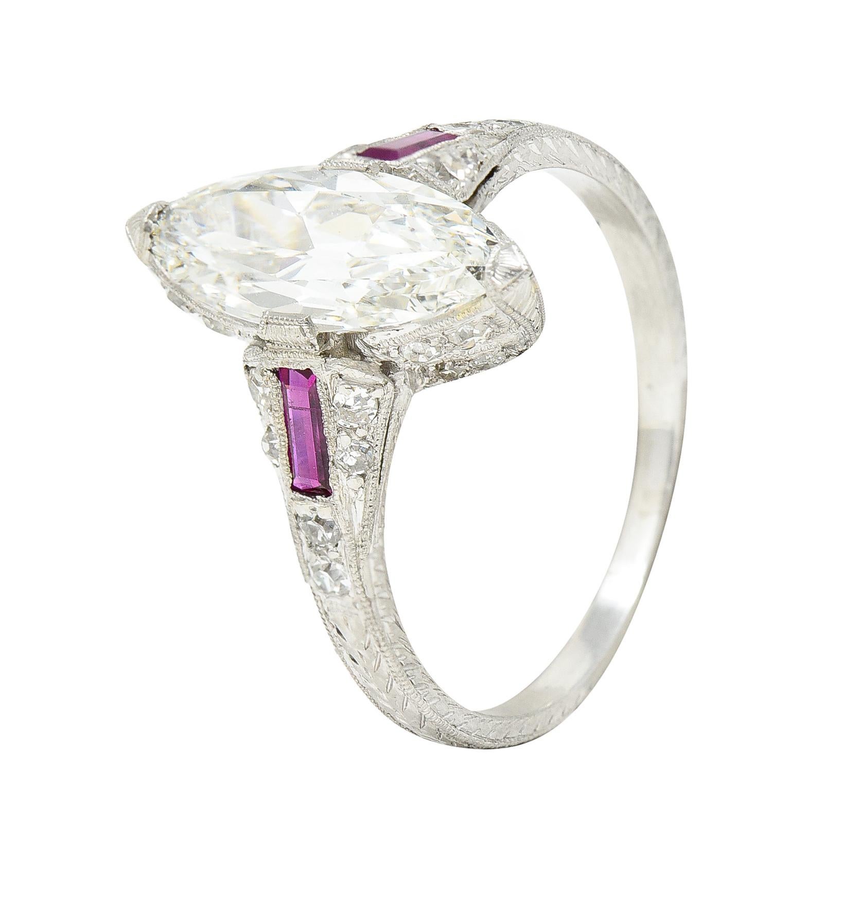 Art Deco 1.98 Carats Marquise Cut Diamond Ruby Platinum Wheat Engagement Ring 3
