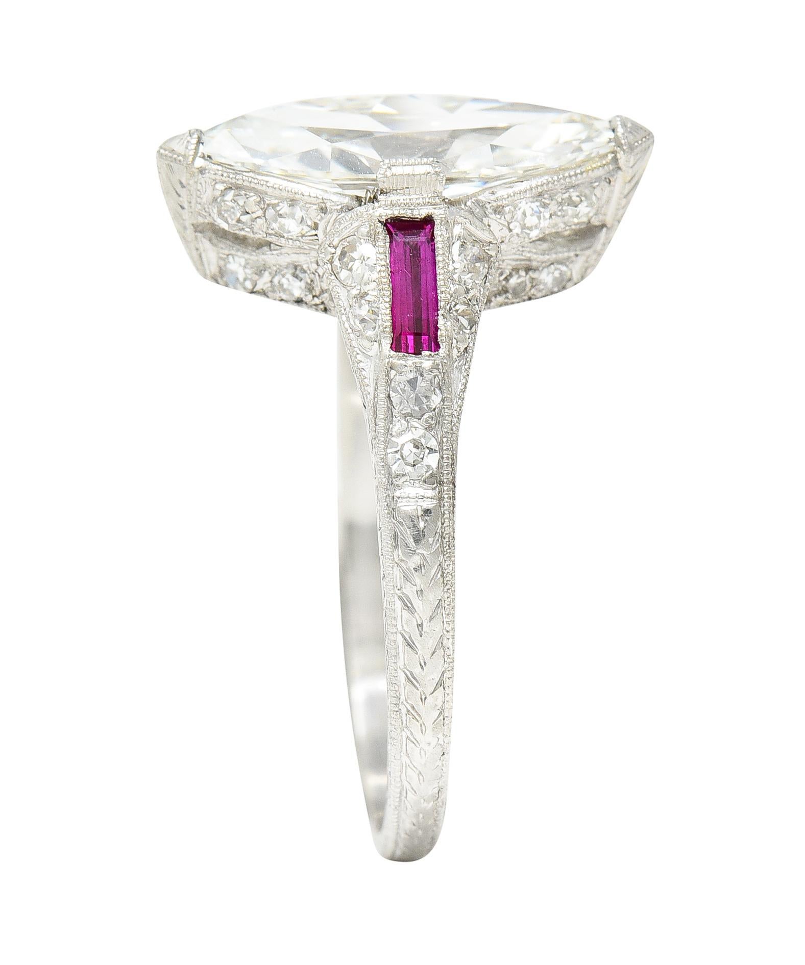 Art Deco 1.98 Carats Marquise Cut Diamond Ruby Platinum Wheat Engagement Ring 4