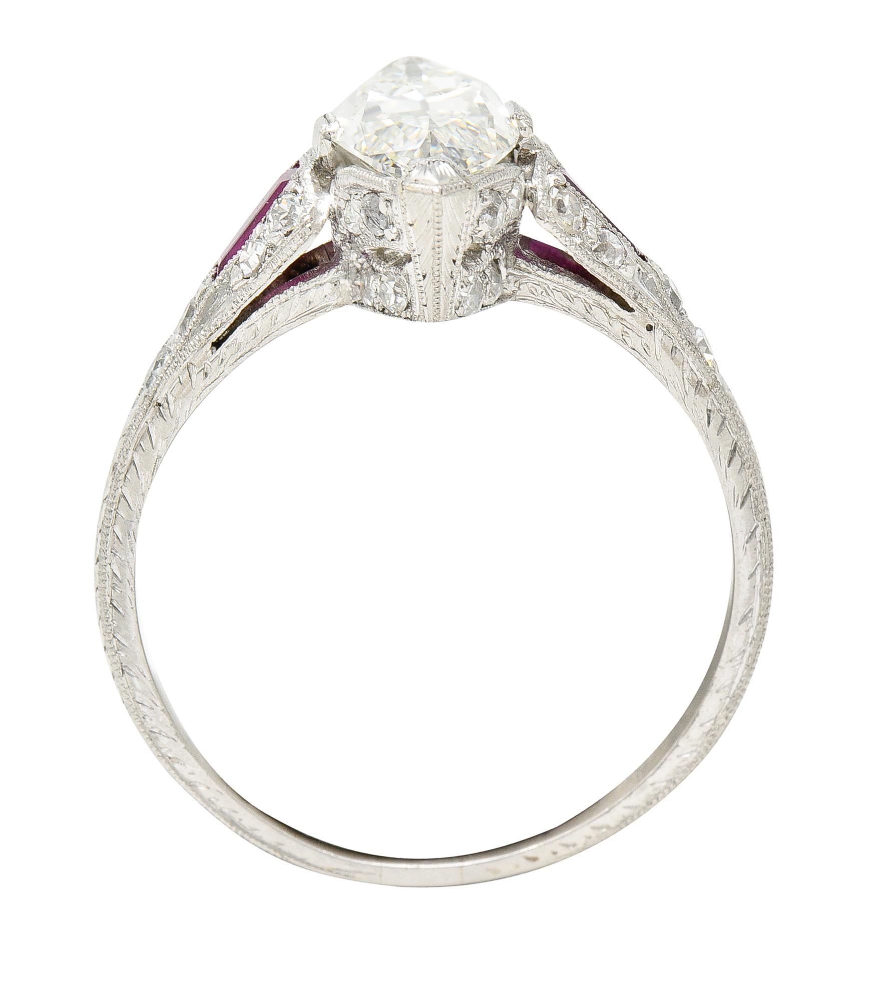 Art Deco 1.98 Carats Marquise Cut Diamond Ruby Platinum Wheat Engagement Ring 5