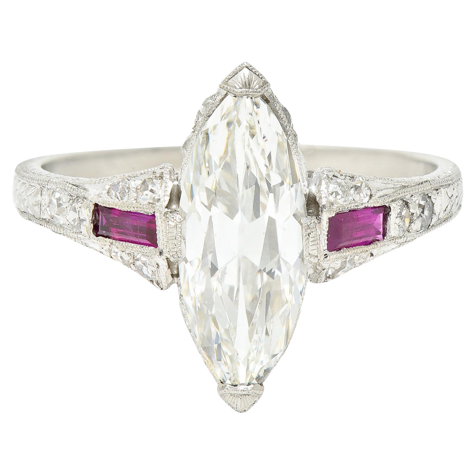 Art Deco 1.98 Carats Marquise Cut Diamond Ruby Platinum Wheat Engagement Ring
