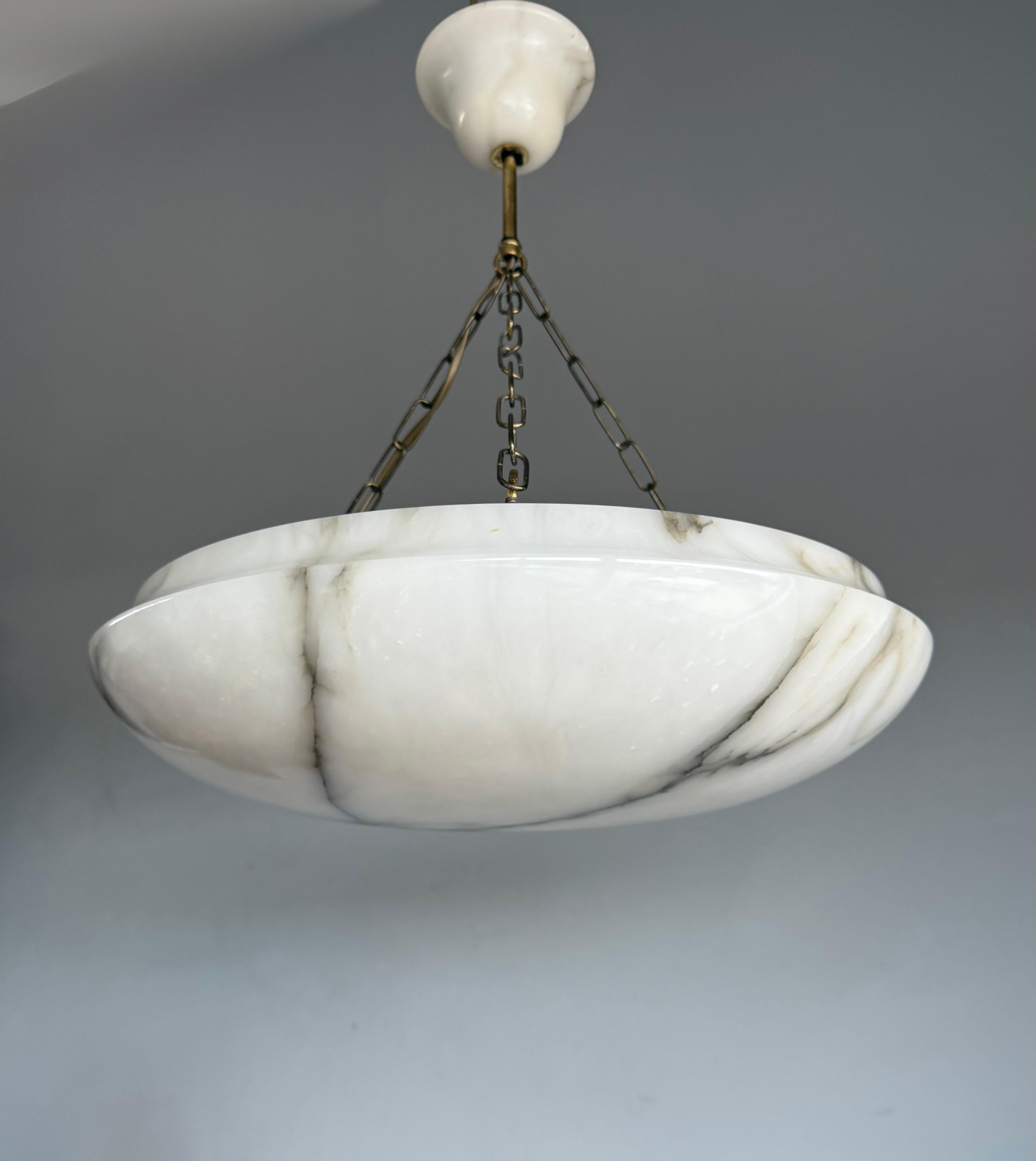 Art Deco 19.8” Diameter Perfectly Balanced White & Black Alabaster Pendant Light For Sale 3