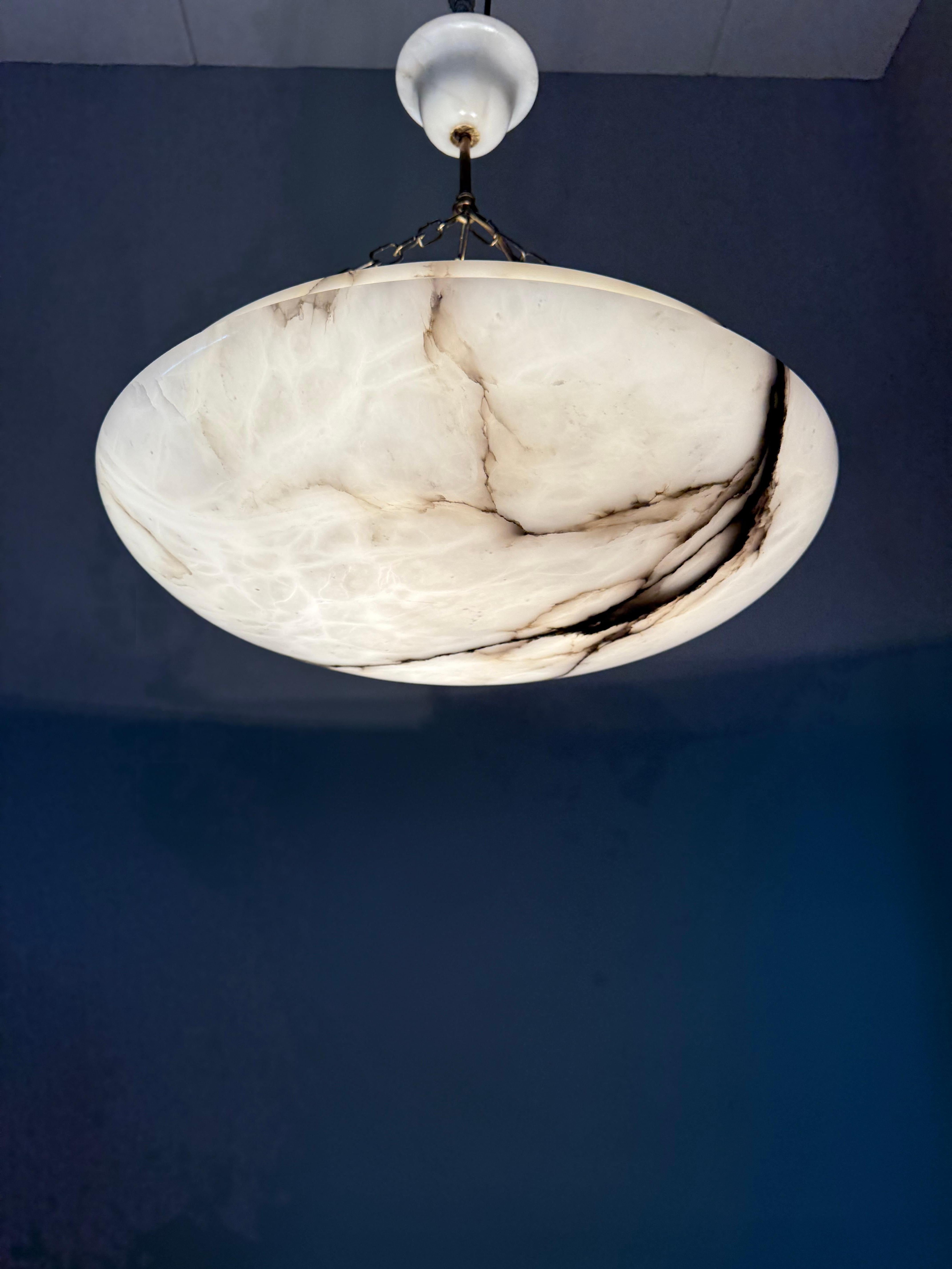 Art Deco 19.8” Diameter Perfectly Balanced White & Black Alabaster Pendant Light For Sale 5