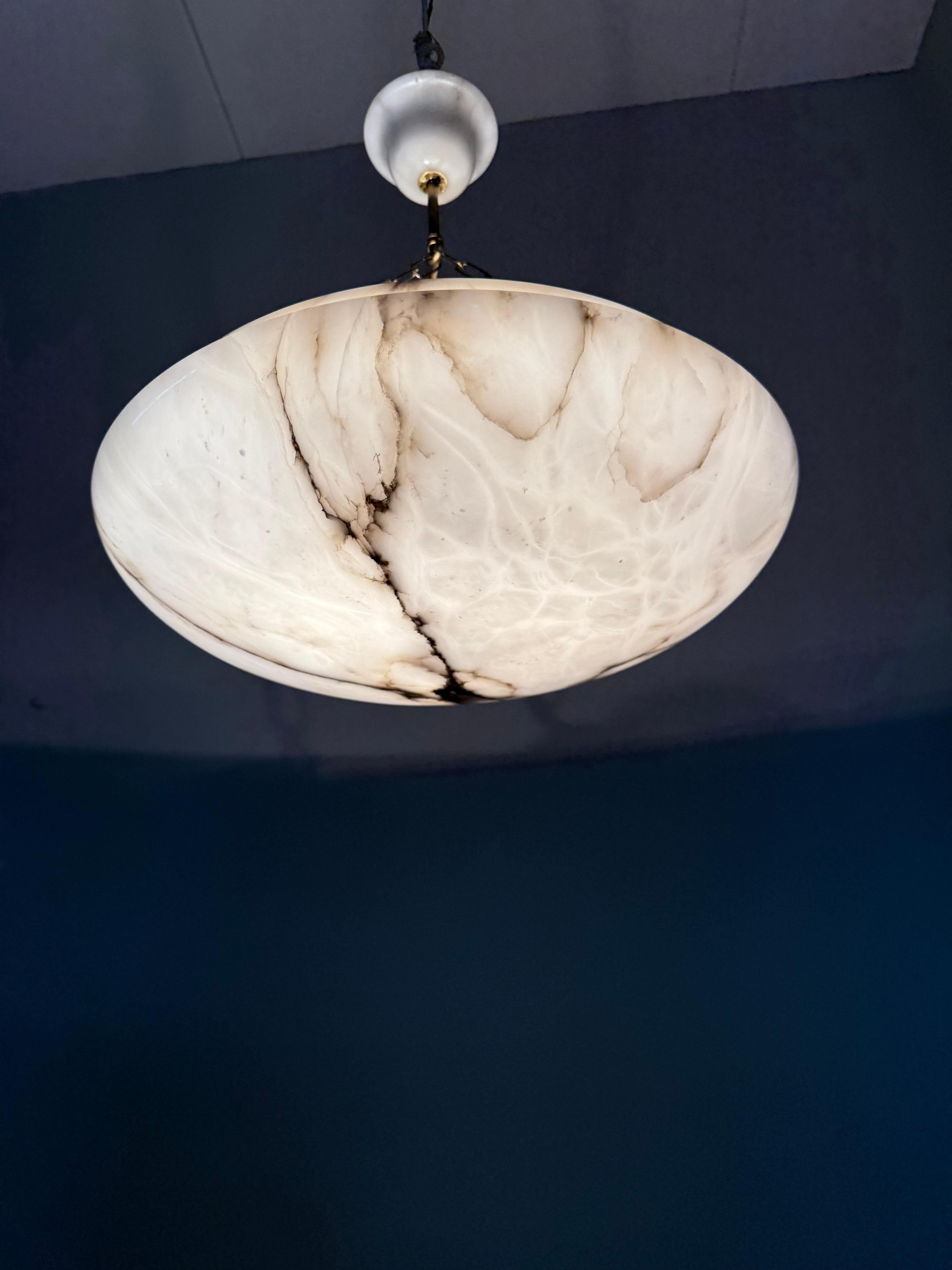 Art Deco 19.8” Diameter Perfectly Balanced White & Black Alabaster Pendant Light For Sale 6
