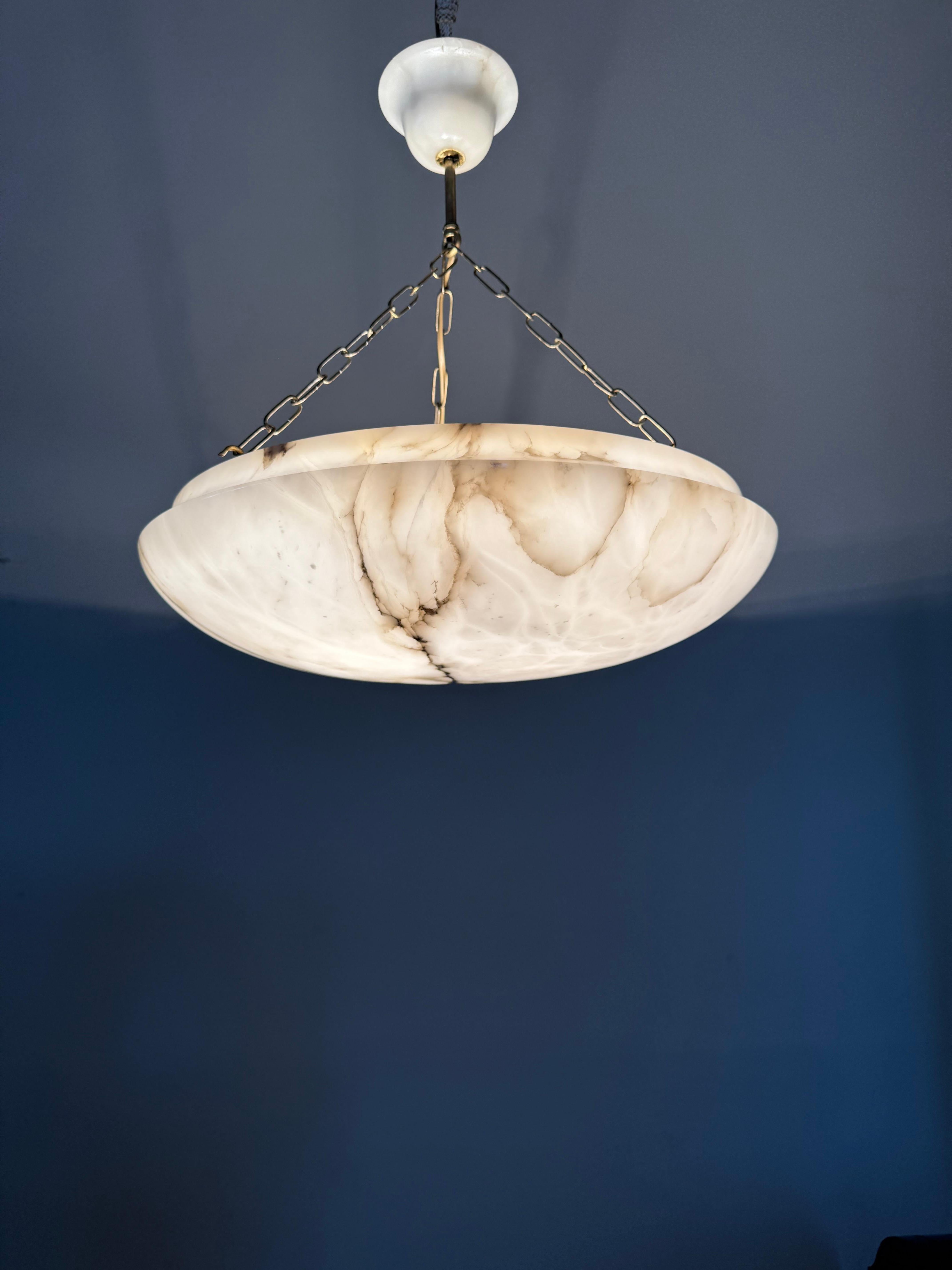 Art Deco 19.8” Diameter Perfectly Balanced White & Black Alabaster Pendant Light For Sale 7