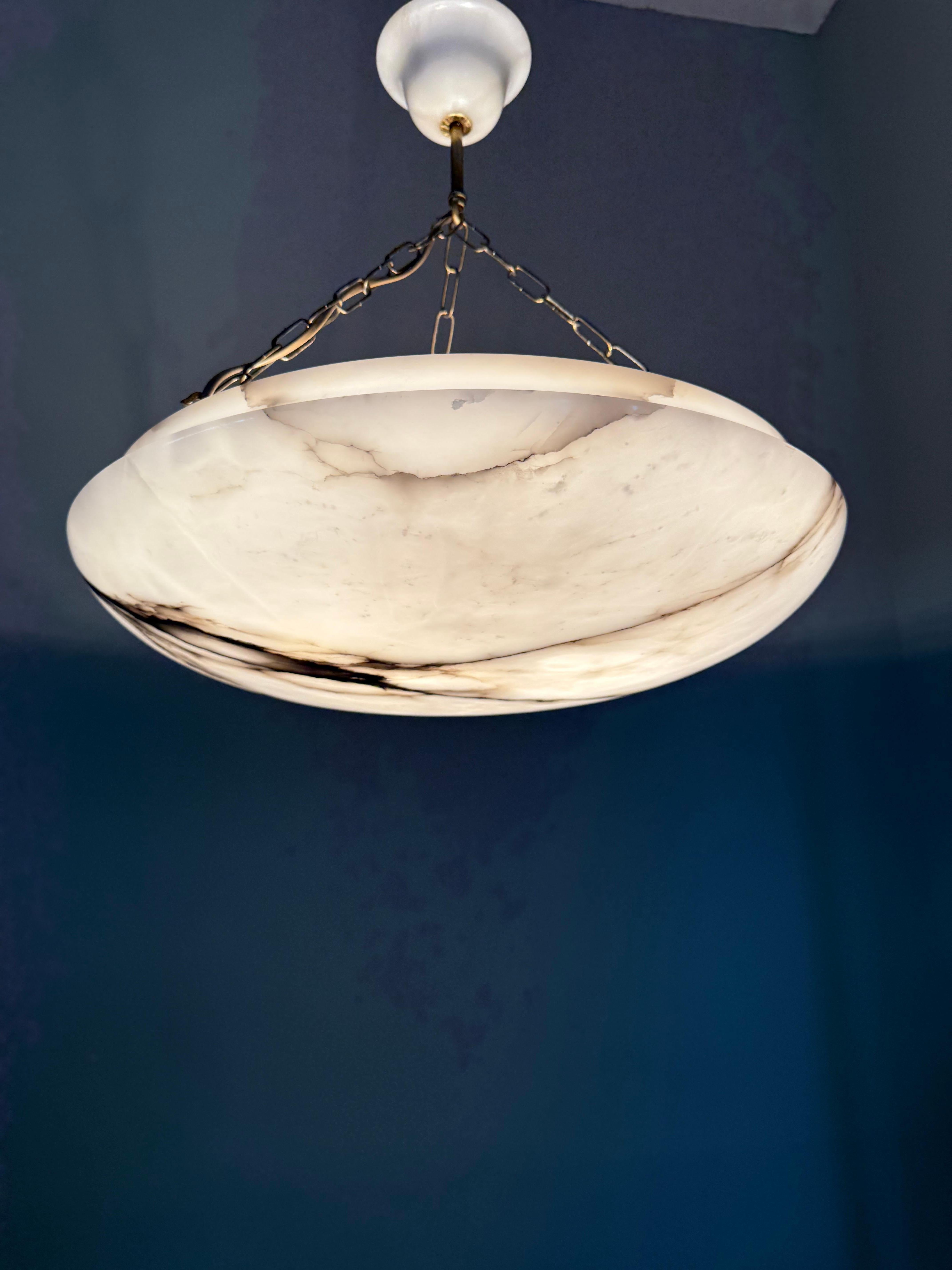 Art Deco 19.8” Diameter Perfectly Balanced White & Black Alabaster Pendant Light For Sale 8