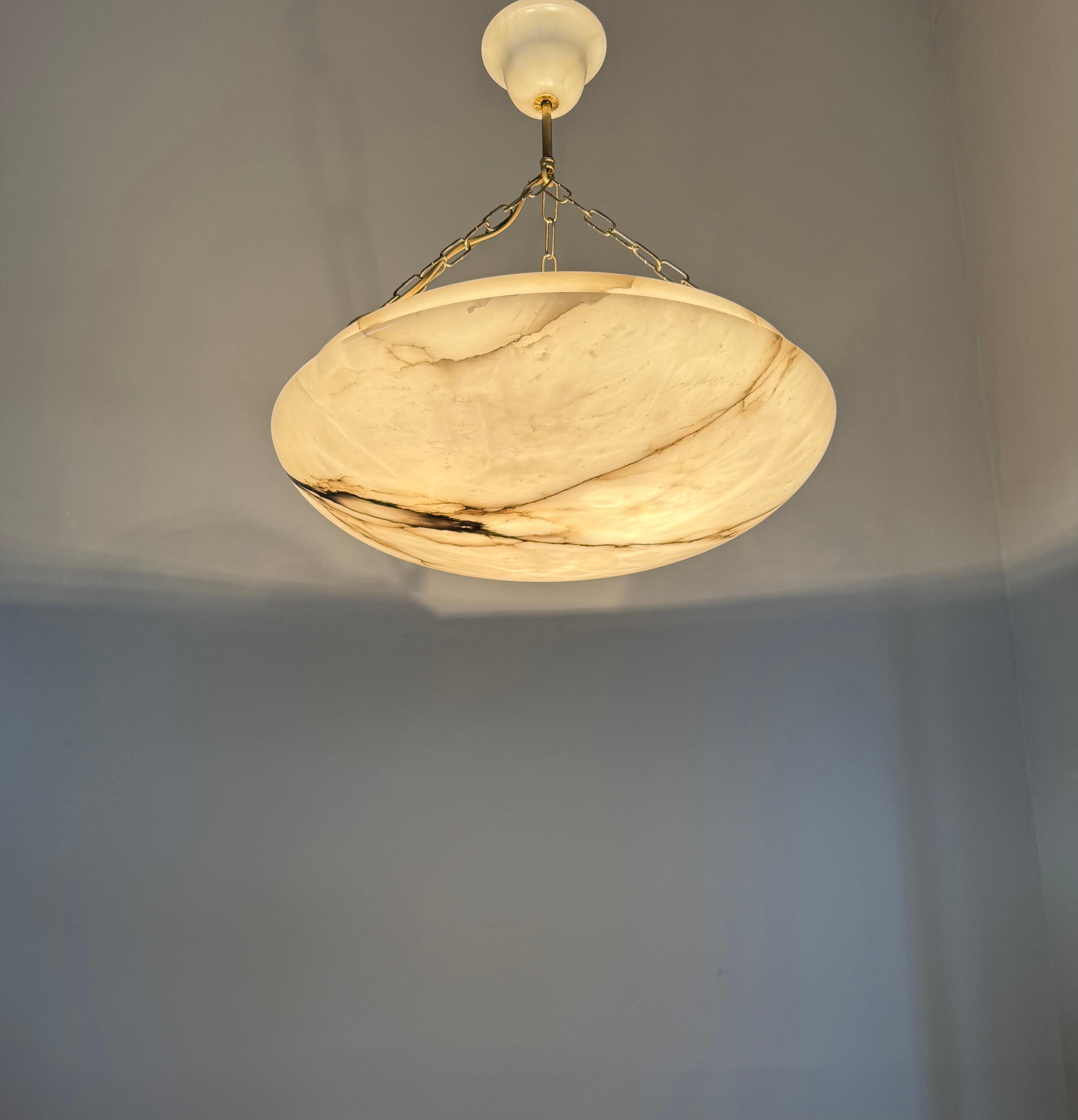 Art Deco 19.8” Diameter Perfectly Balanced White & Black Alabaster Pendant Light For Sale 9