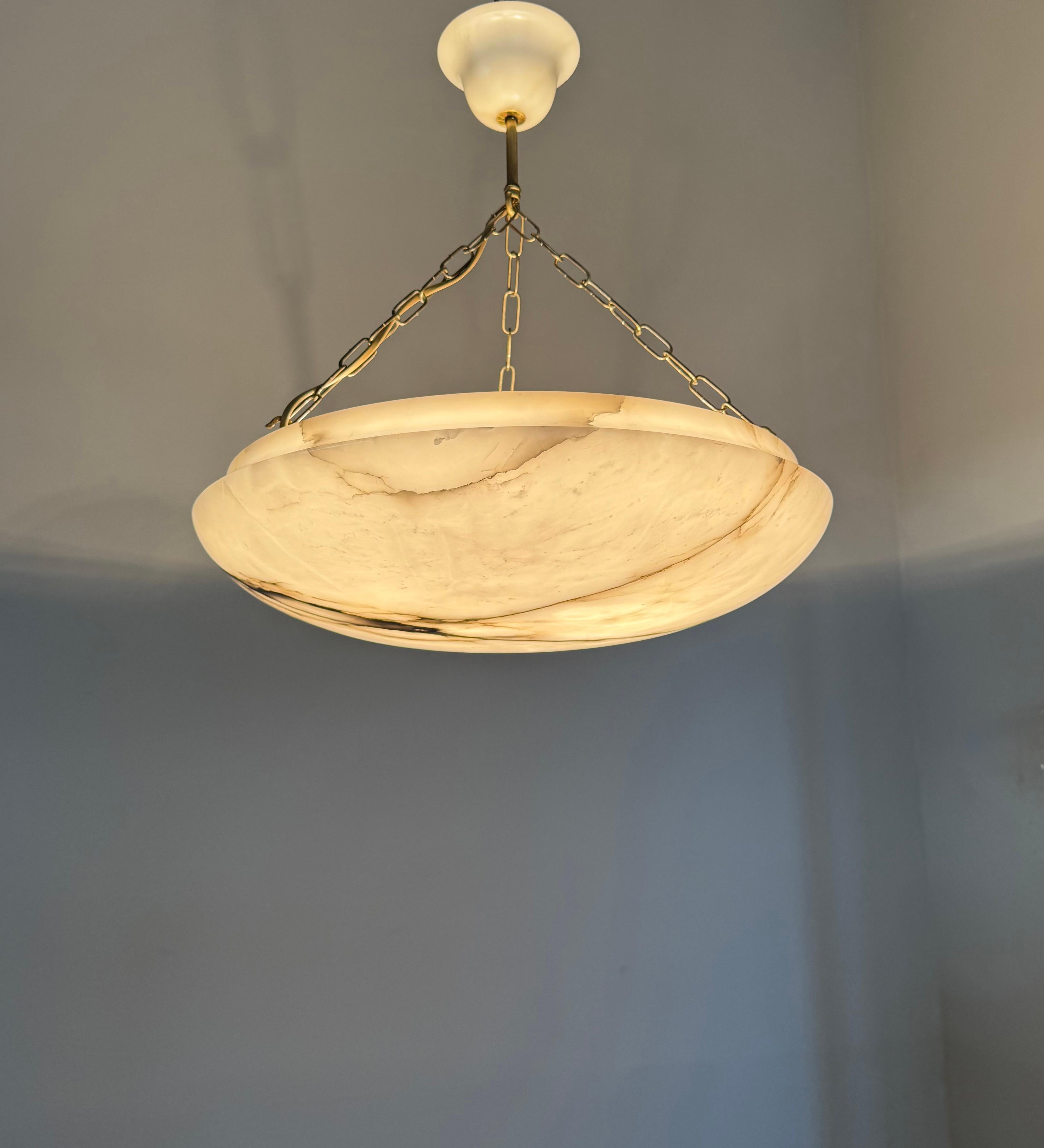 Art Deco 19.8” Diameter Perfectly Balanced White & Black Alabaster Pendant Light For Sale 10