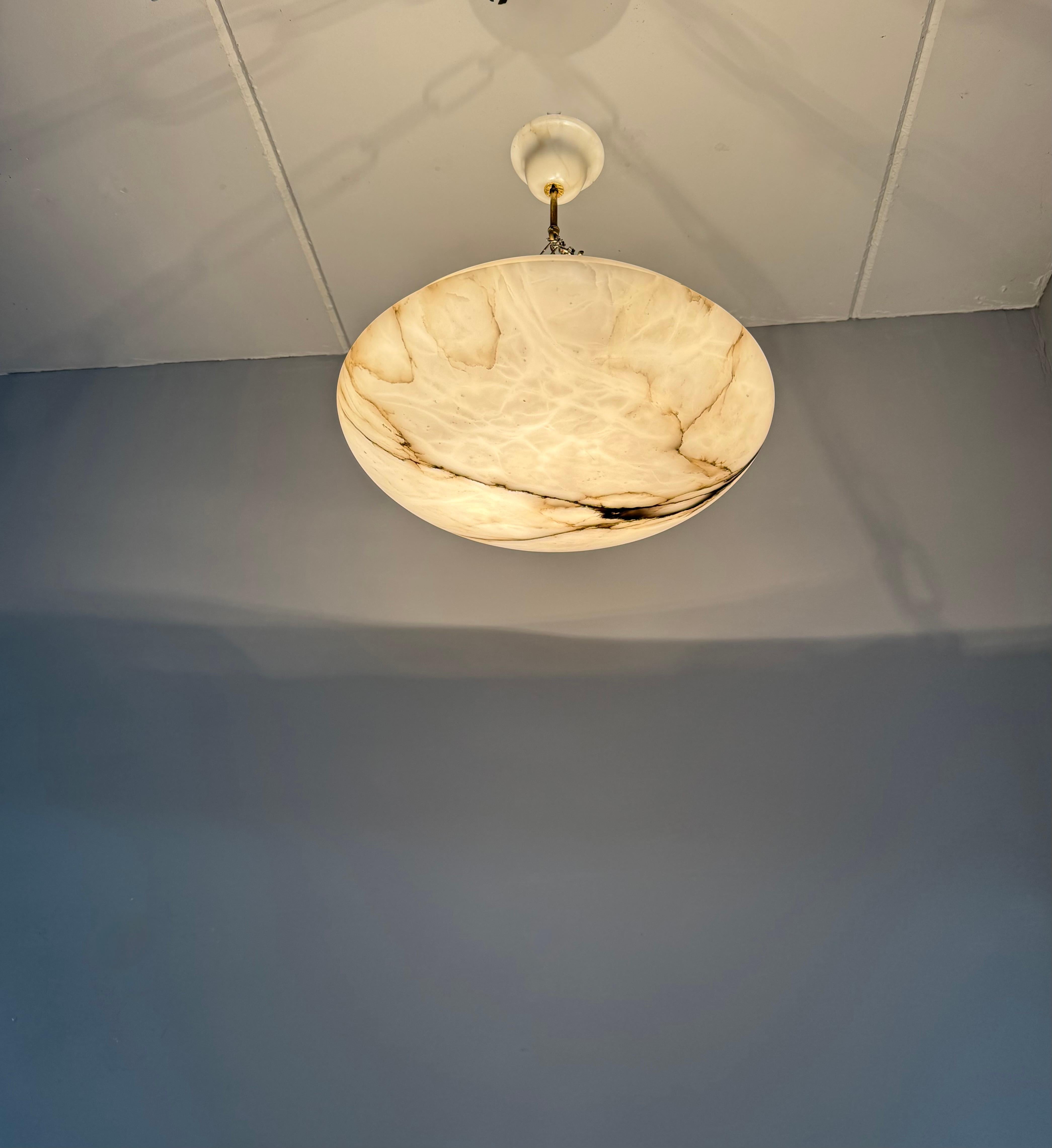 Art Deco 19.8” Diameter Perfectly Balanced White & Black Alabaster Pendant Light For Sale 11