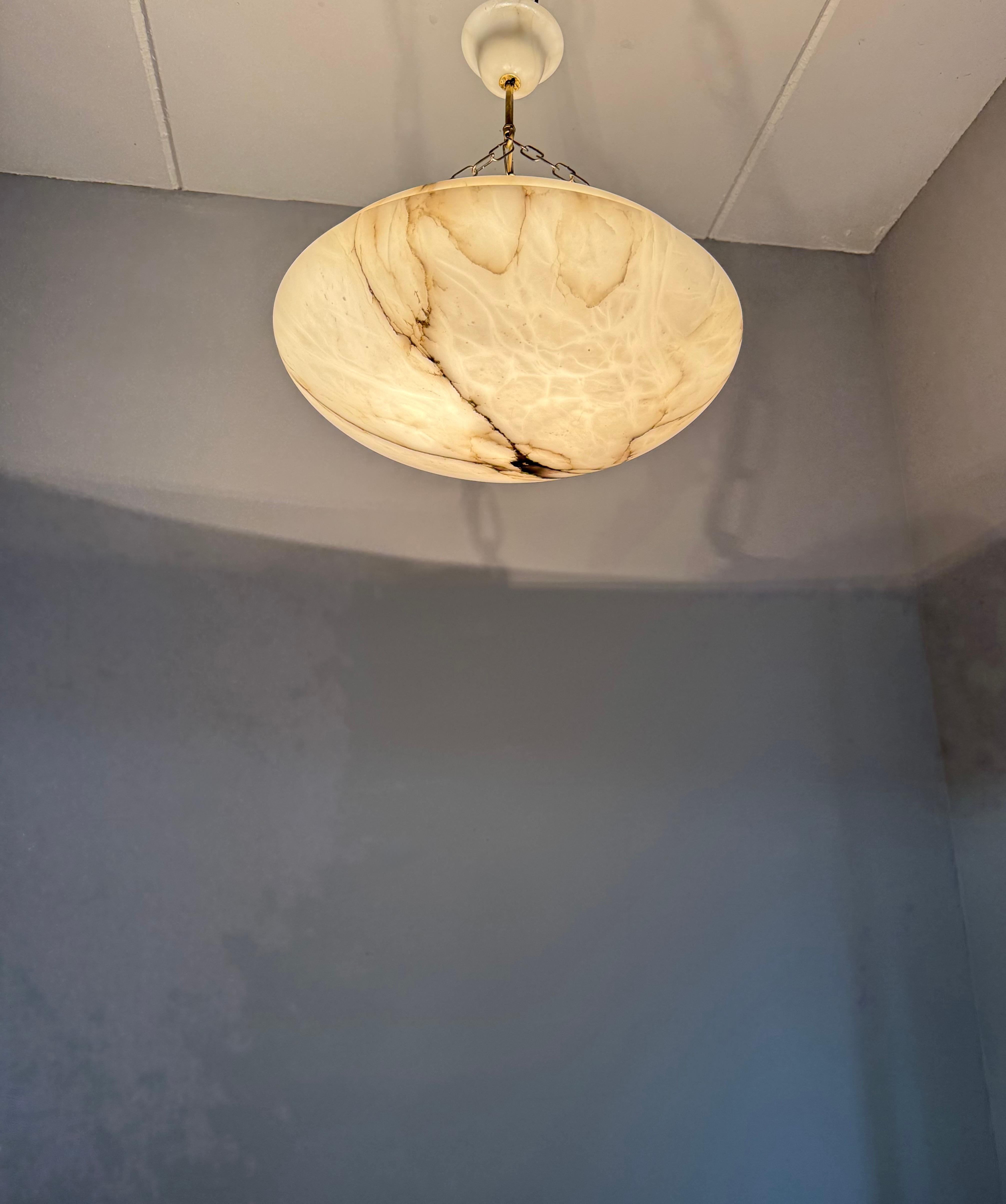 Art Deco 19.8” Diameter Perfectly Balanced White & Black Alabaster Pendant Light For Sale 13