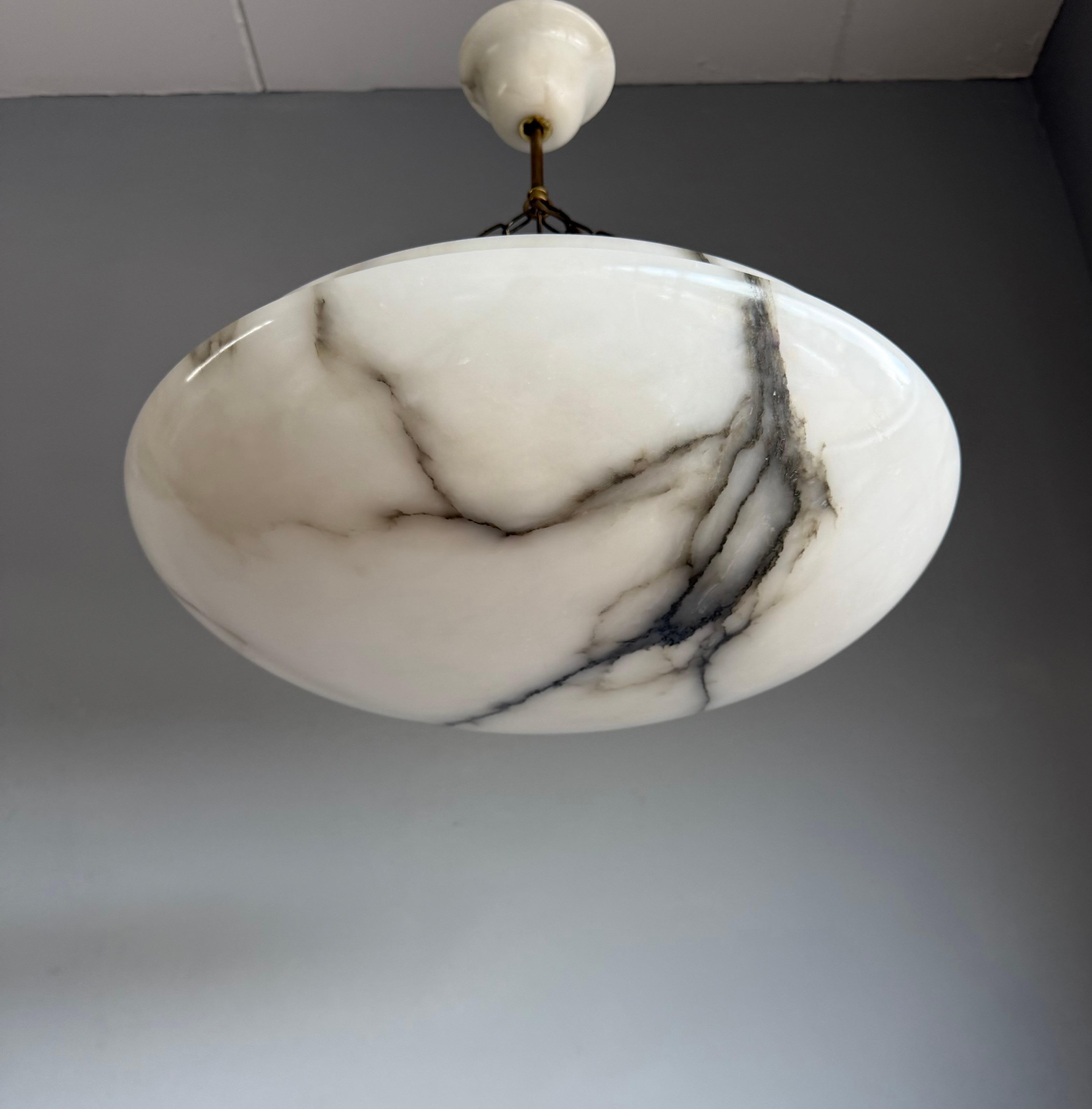 20th Century Art Deco 19.8” Diameter Perfectly Balanced White & Black Alabaster Pendant Light For Sale