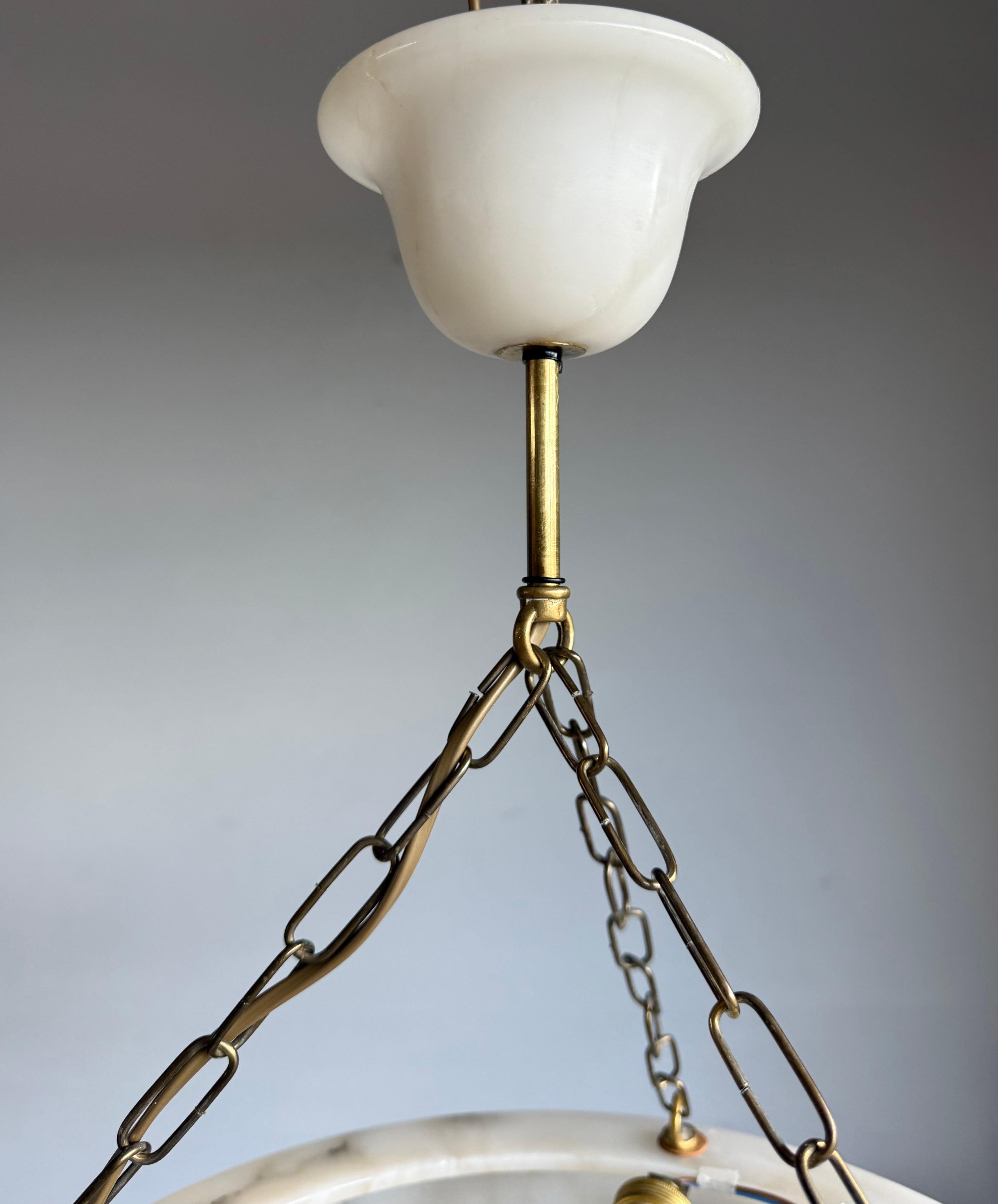 Brass Art Deco 19.8” Diameter Perfectly Balanced White & Black Alabaster Pendant Light For Sale