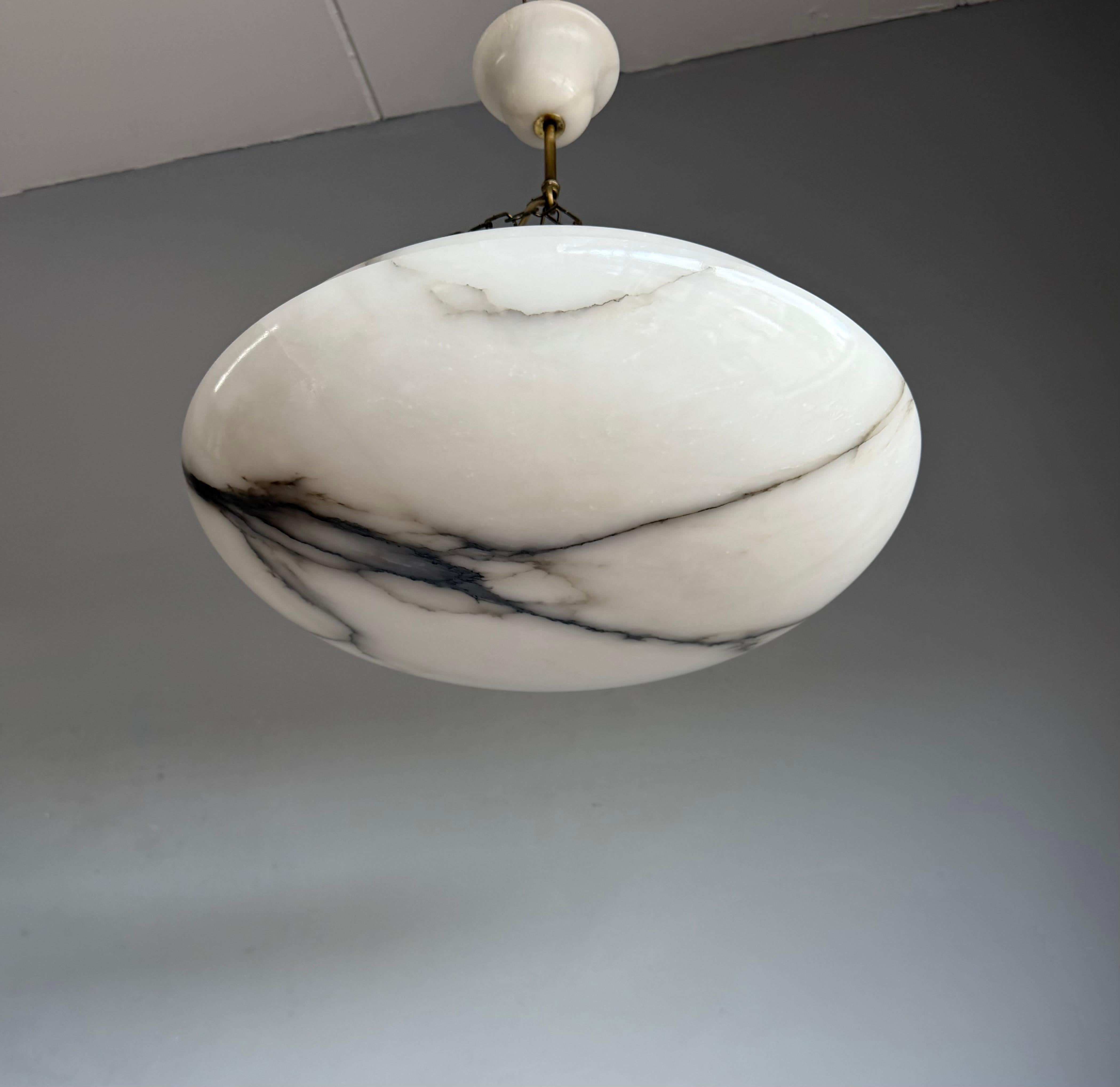 Art Deco 19.8” Diameter Perfectly Balanced White & Black Alabaster Pendant Light For Sale 1