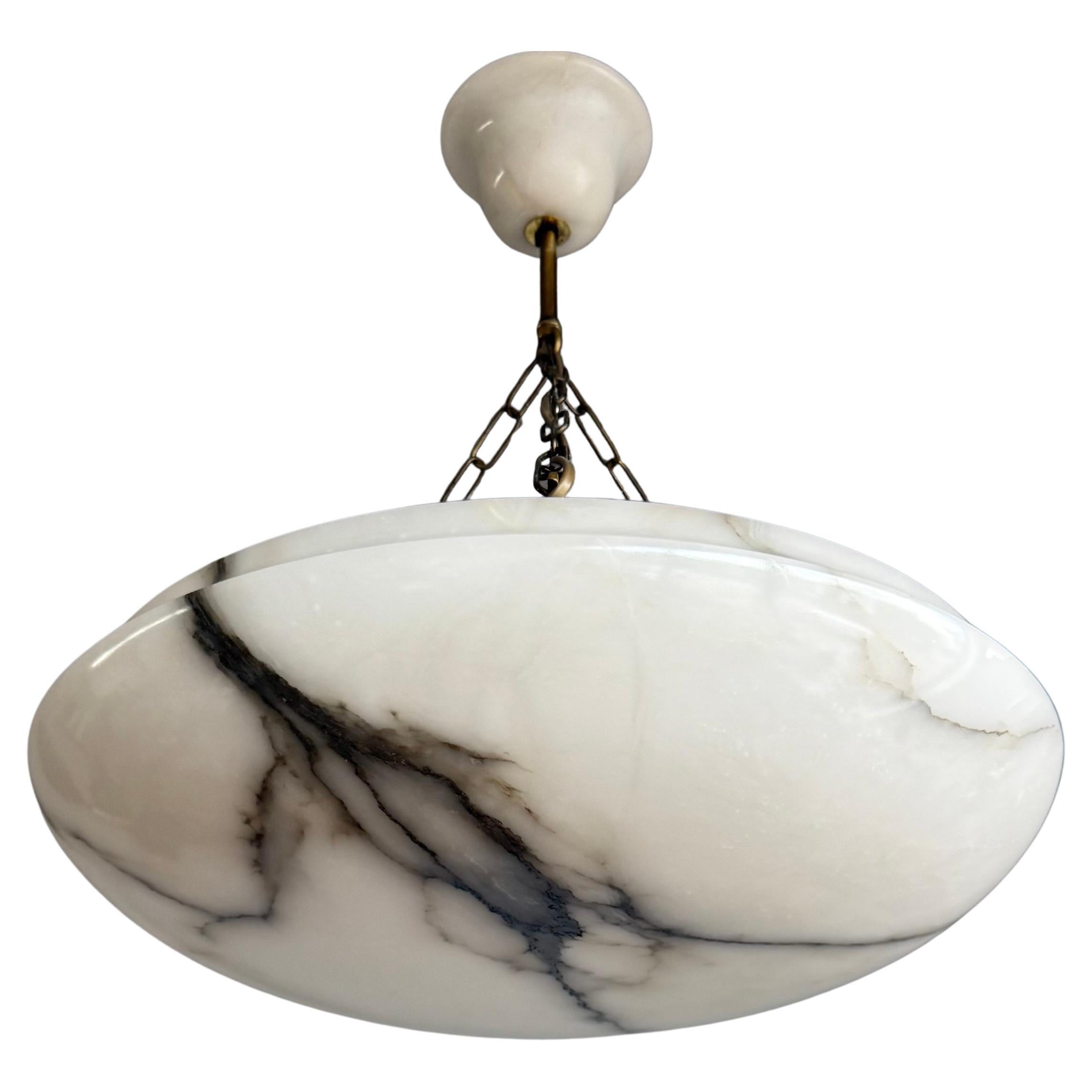 Art Deco 19.8” Diameter Perfectly Balanced White & Black Alabaster Pendant Light For Sale