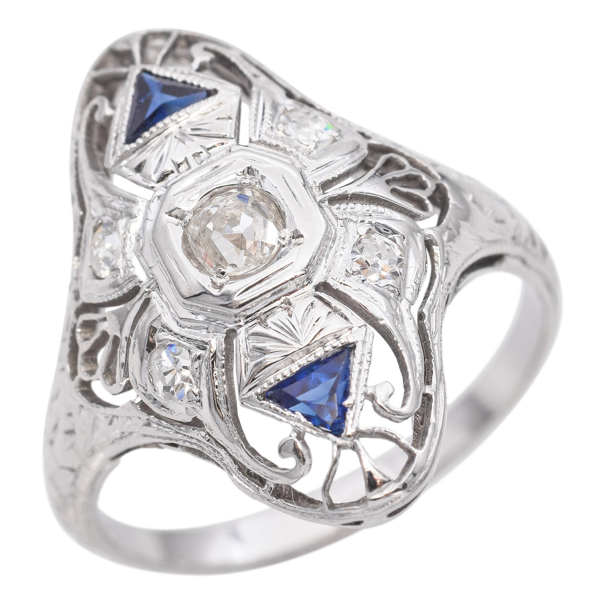 Round Cut Art Deco 19k White Gold Diamond and Sapphire Filigree Dinner Ring For Sale