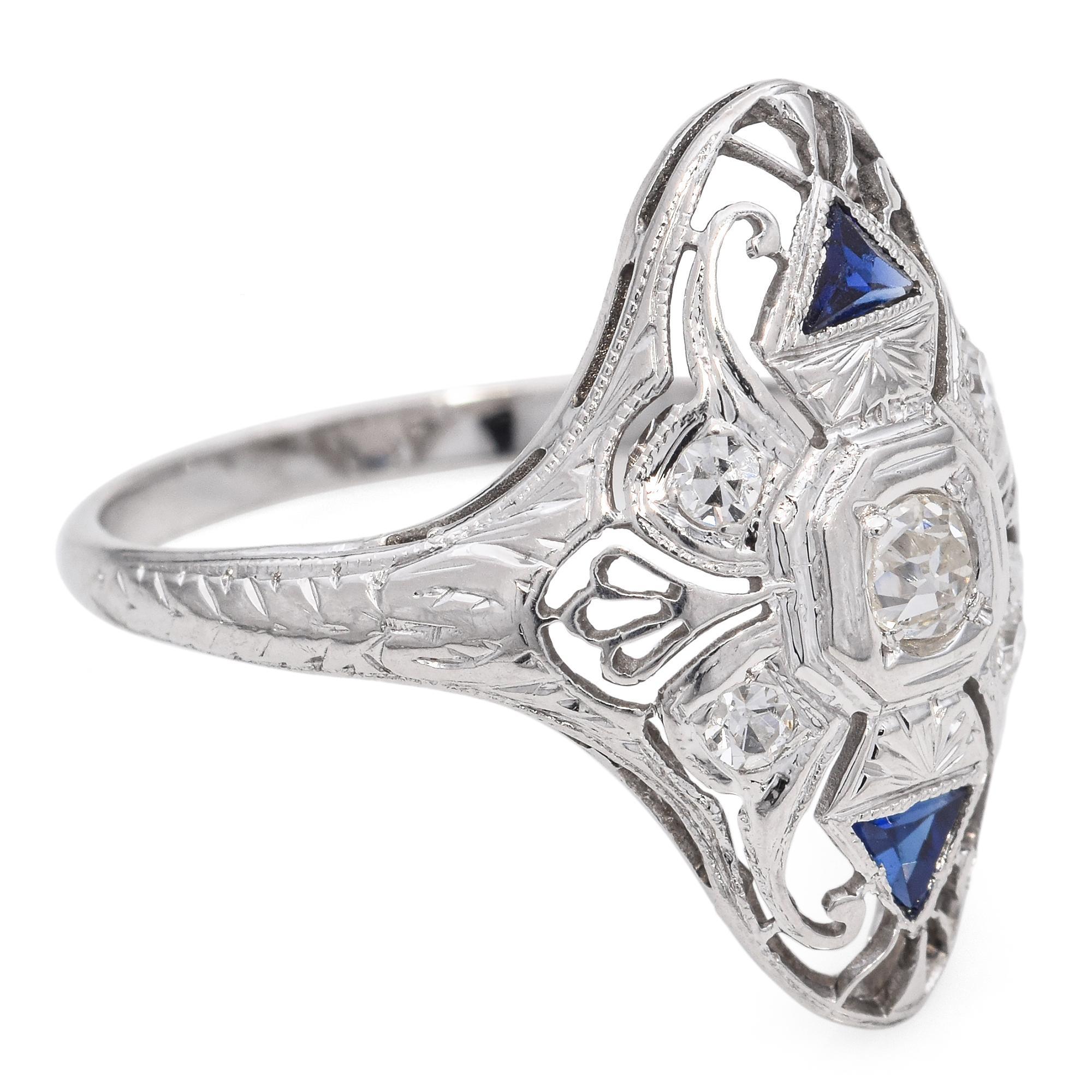 Women's Art Deco 19k White Gold Diamond and Sapphire Filigree Dinner Ring For Sale