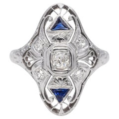 Art Deco 19k White Gold Diamond and Sapphire Filigree Dinner Ring