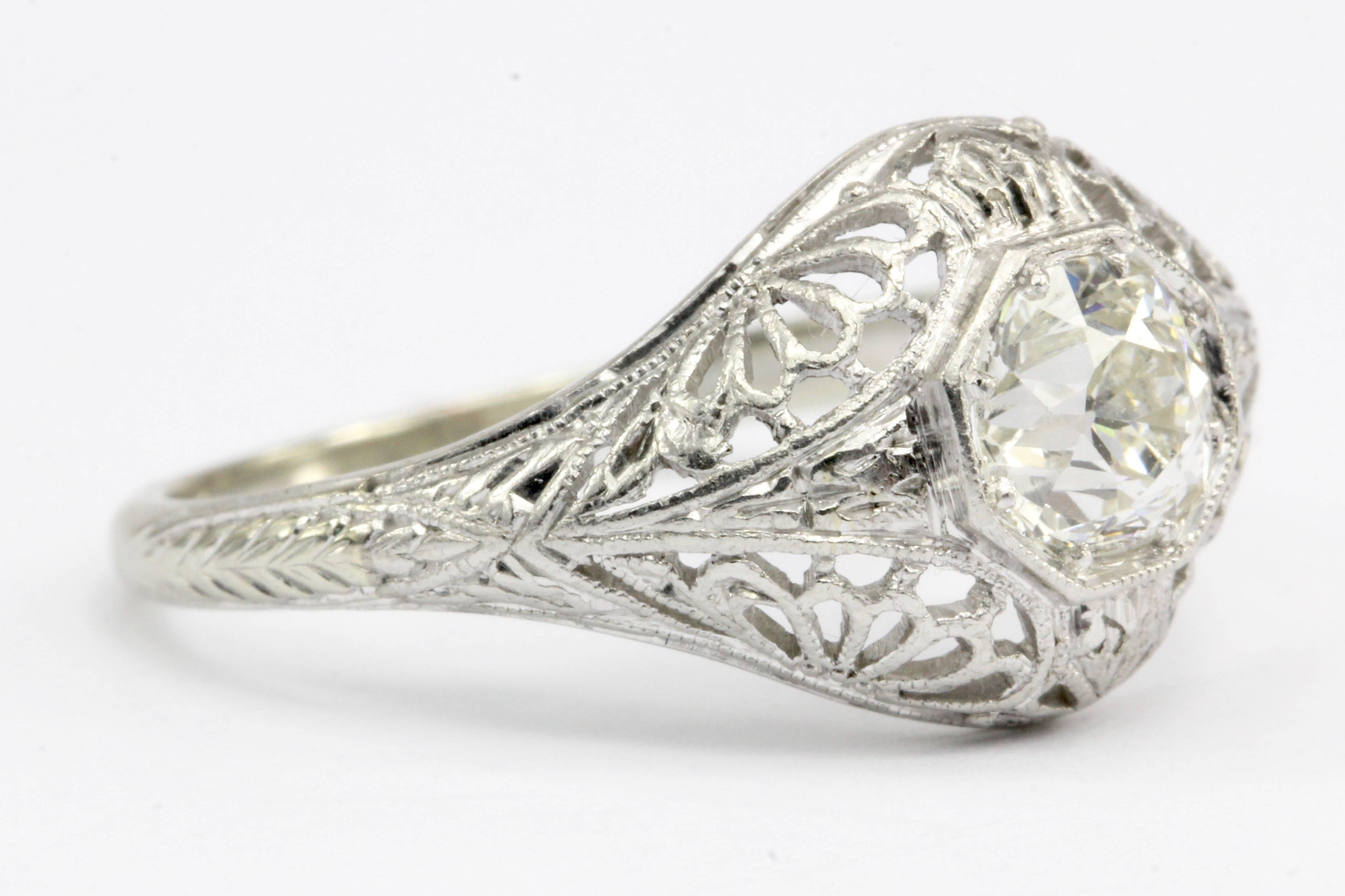 Old European Cut Art Deco 19 Karat White Gold Diamond Filigree Engagement Ring