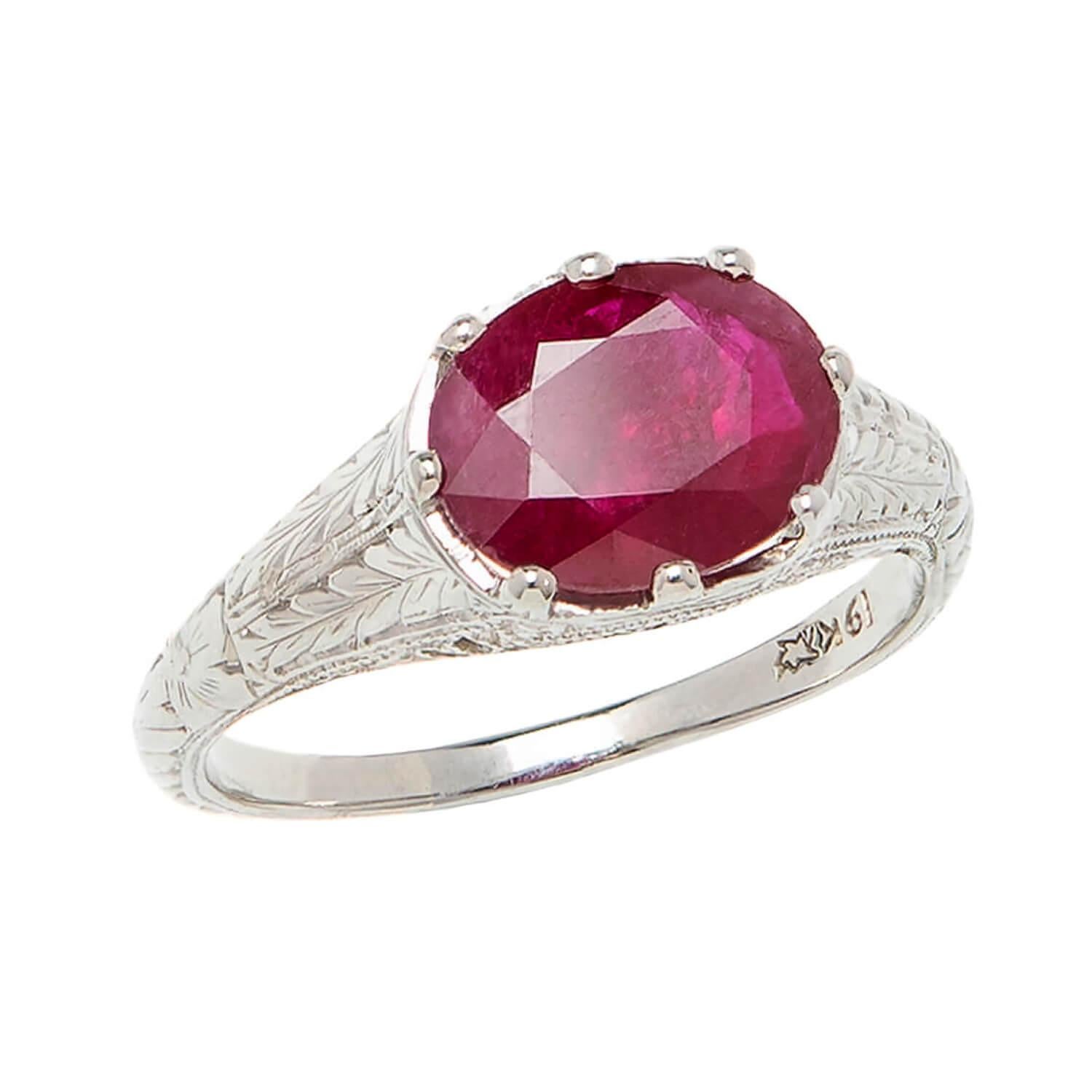Oval Cut Art Deco 19k White Gold Ruby Ring 2.51ctw