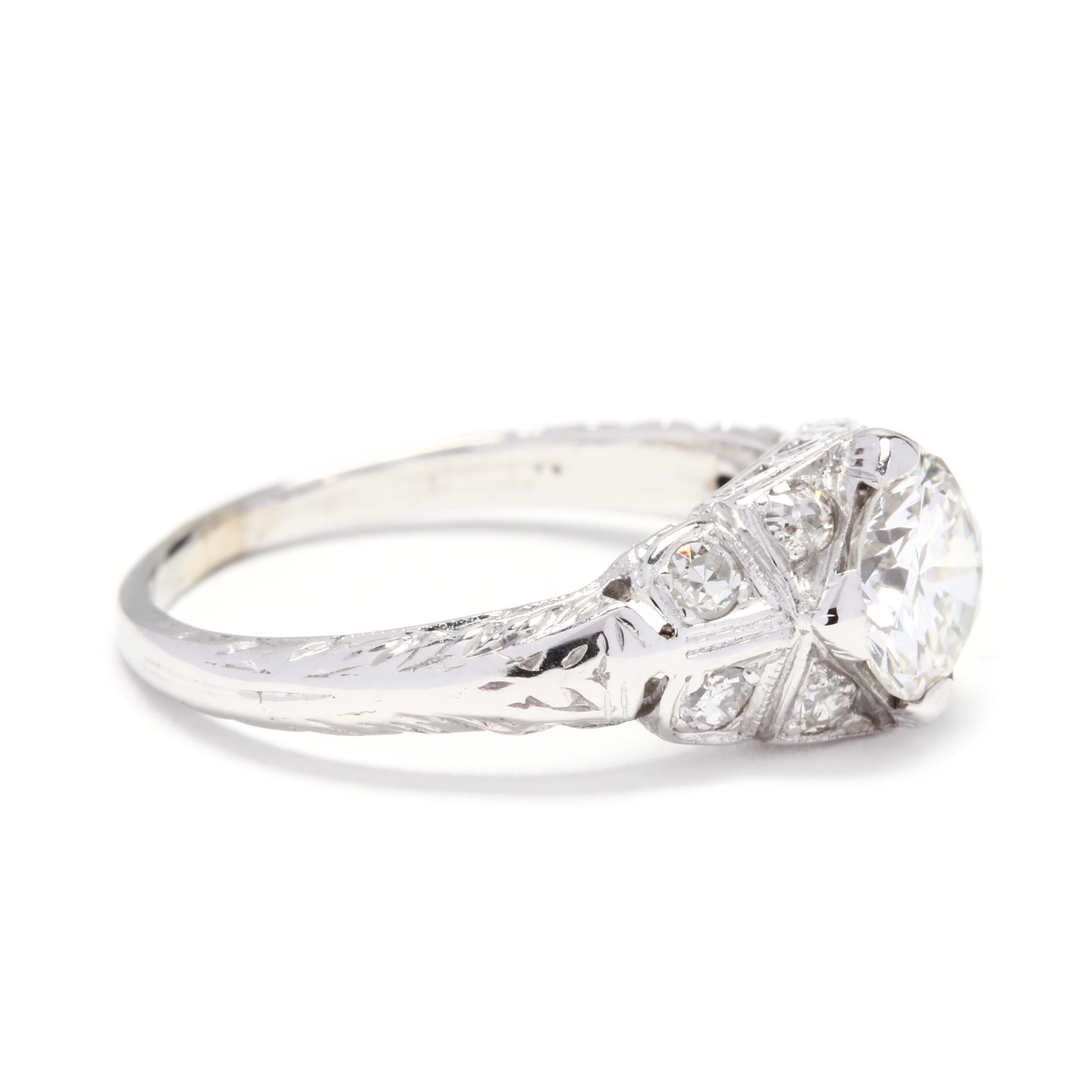 Stones:
- diamonds, 9 stones
- old European cut
- 5.94 x 5.94 x 3.47 mm
- approximately .75 carat
- 1.8 - 1.9 mm
- approximately .25 total carats
- H-I color, SI clarity

Ring Size 5

Width: 5/16 in.

Weight: 1.5 dwts

A Couple Of Things to Note:
*