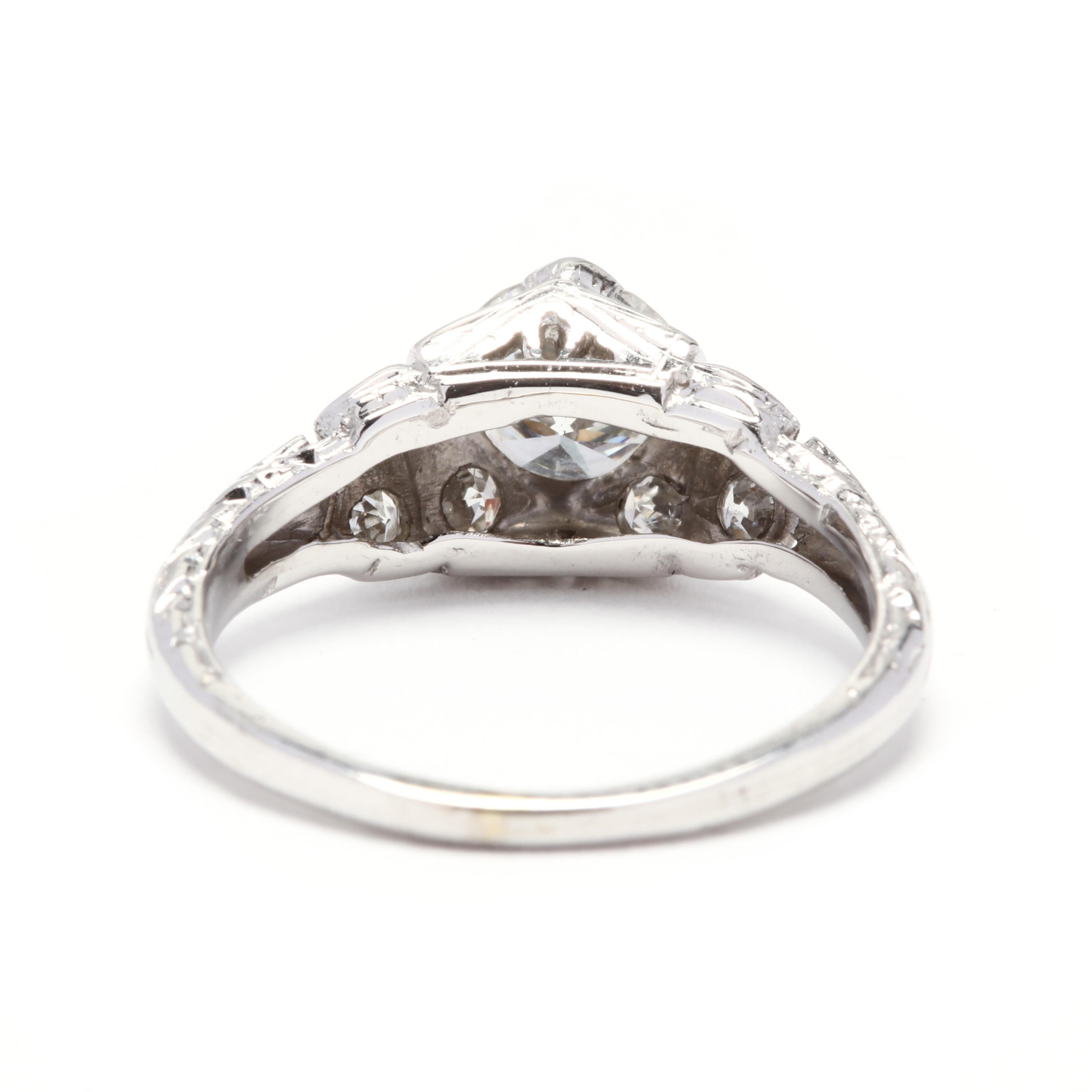 Round Cut Art Deco 1ctw Diamond Engagement Ring, 18k White Gold, Ring Size 5 For Sale