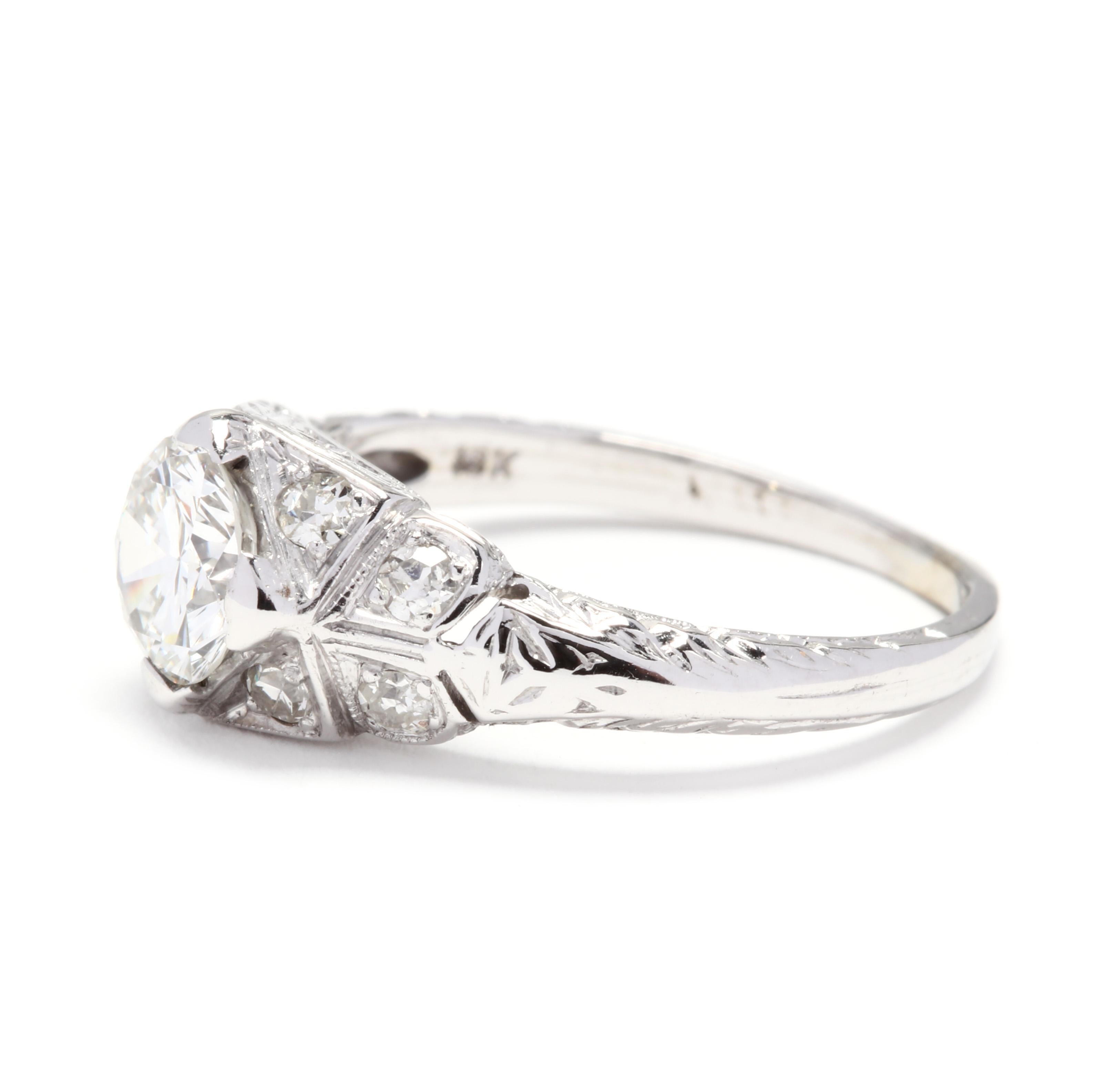 Art Deco 1ctw Diamond Engagement Ring, 18k White Gold, Ring Size 5 In Good Condition For Sale In McLeansville, NC
