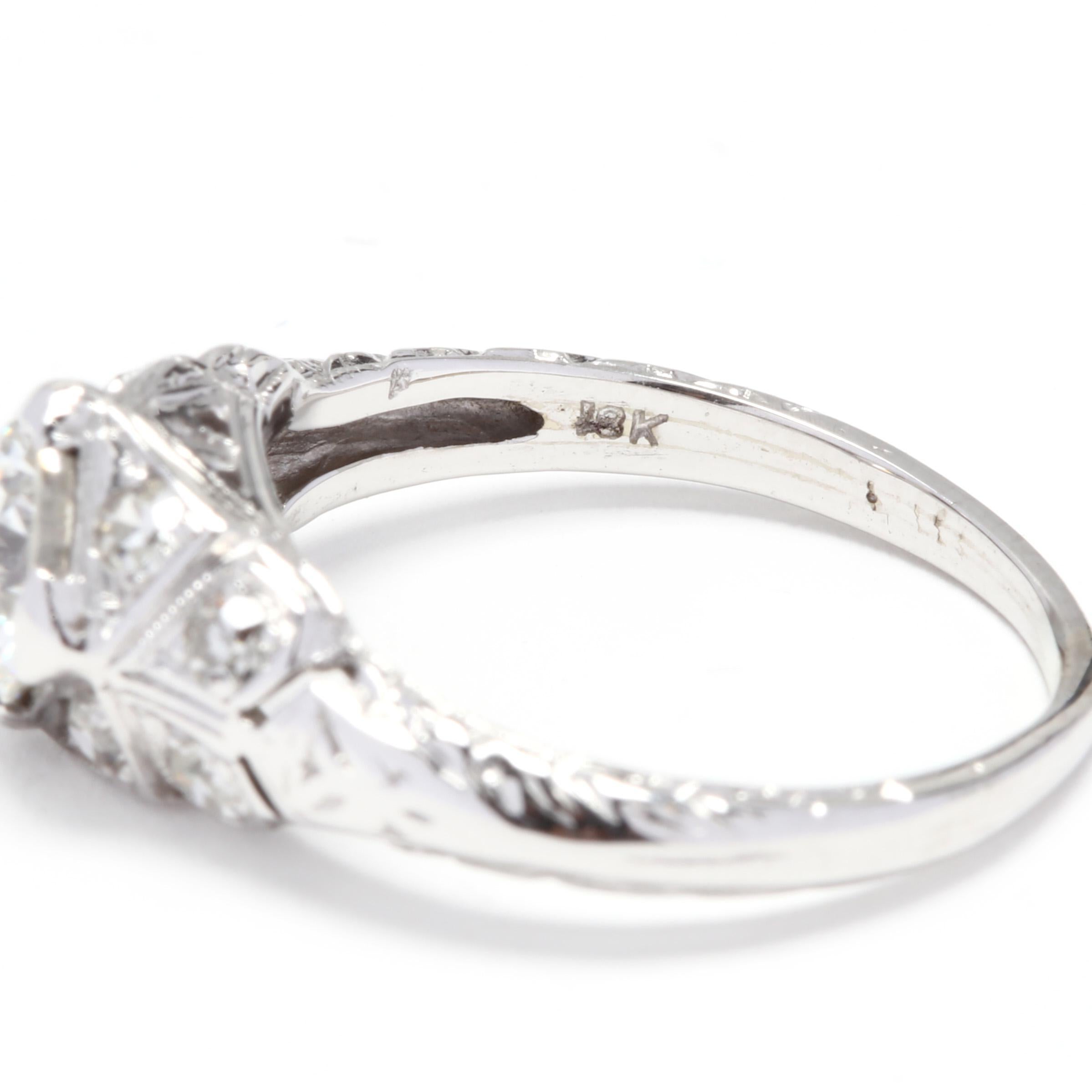 Women's or Men's Art Deco 1ctw Diamond Engagement Ring, 18k White Gold, Ring Size 5 For Sale