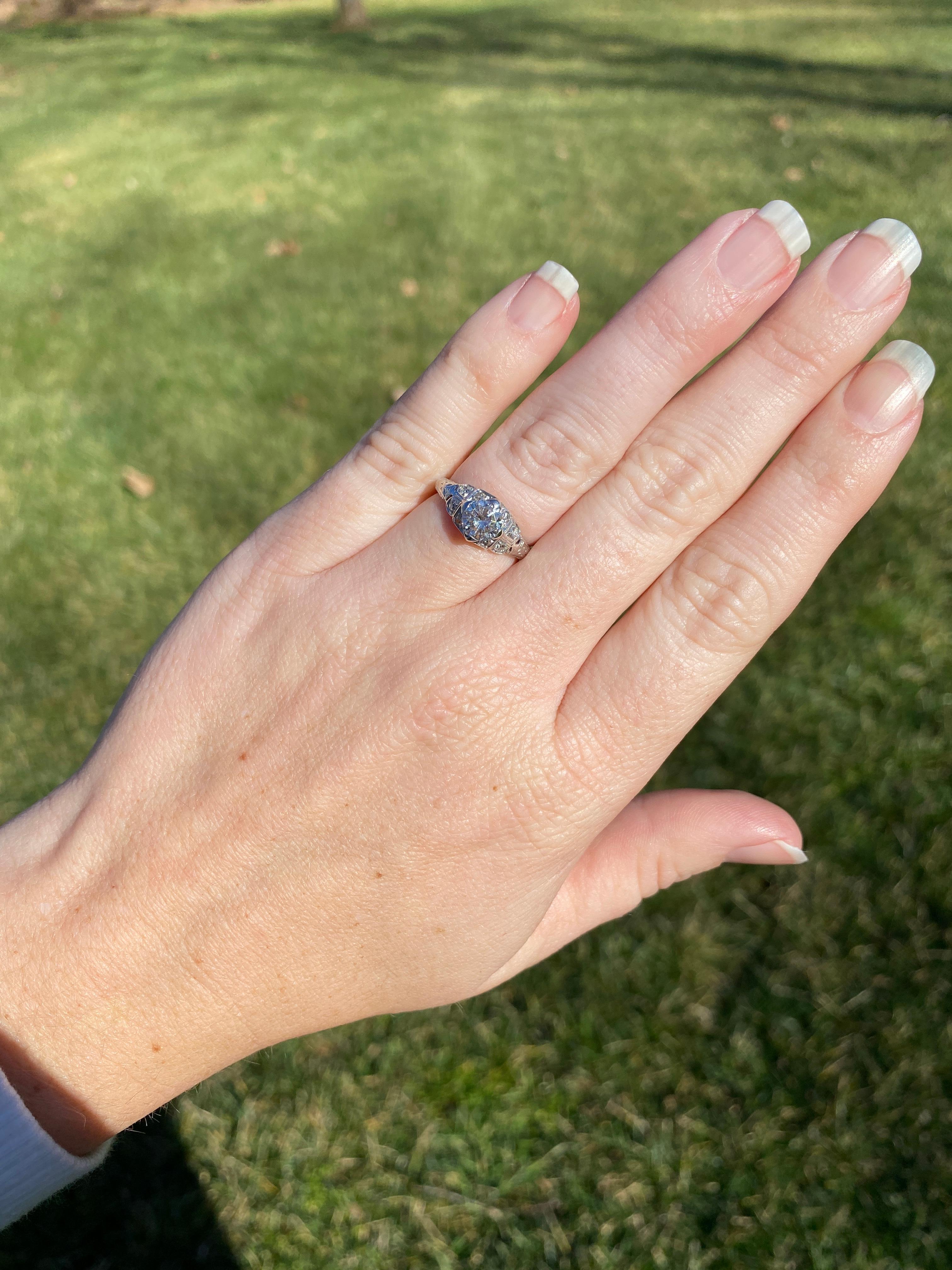Art Deco 1ctw Diamond Engagement Ring, 18k White Gold, Ring Size 5 For Sale 1
