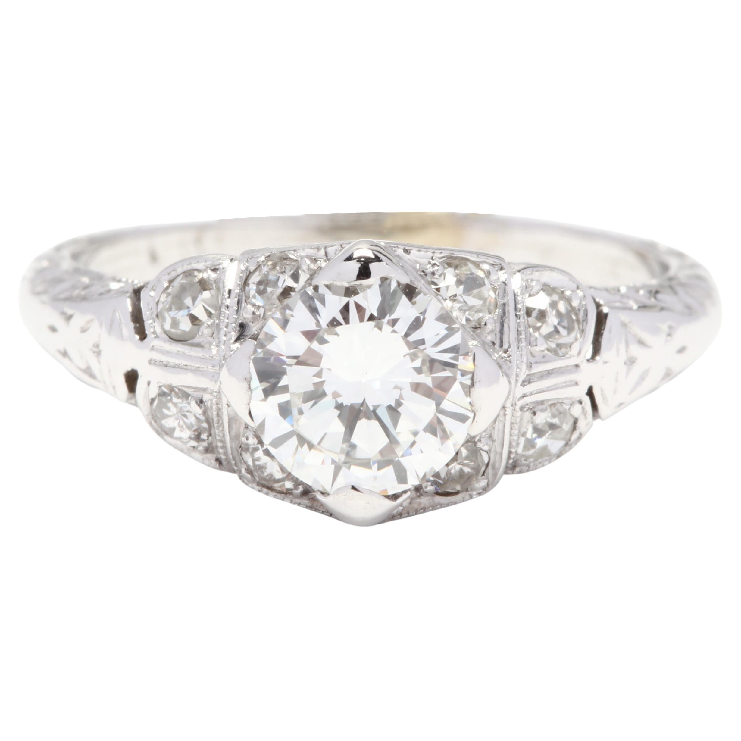 Art Deco 1ctw Diamond Engagement Ring, 18k White Gold, Ring Size 5