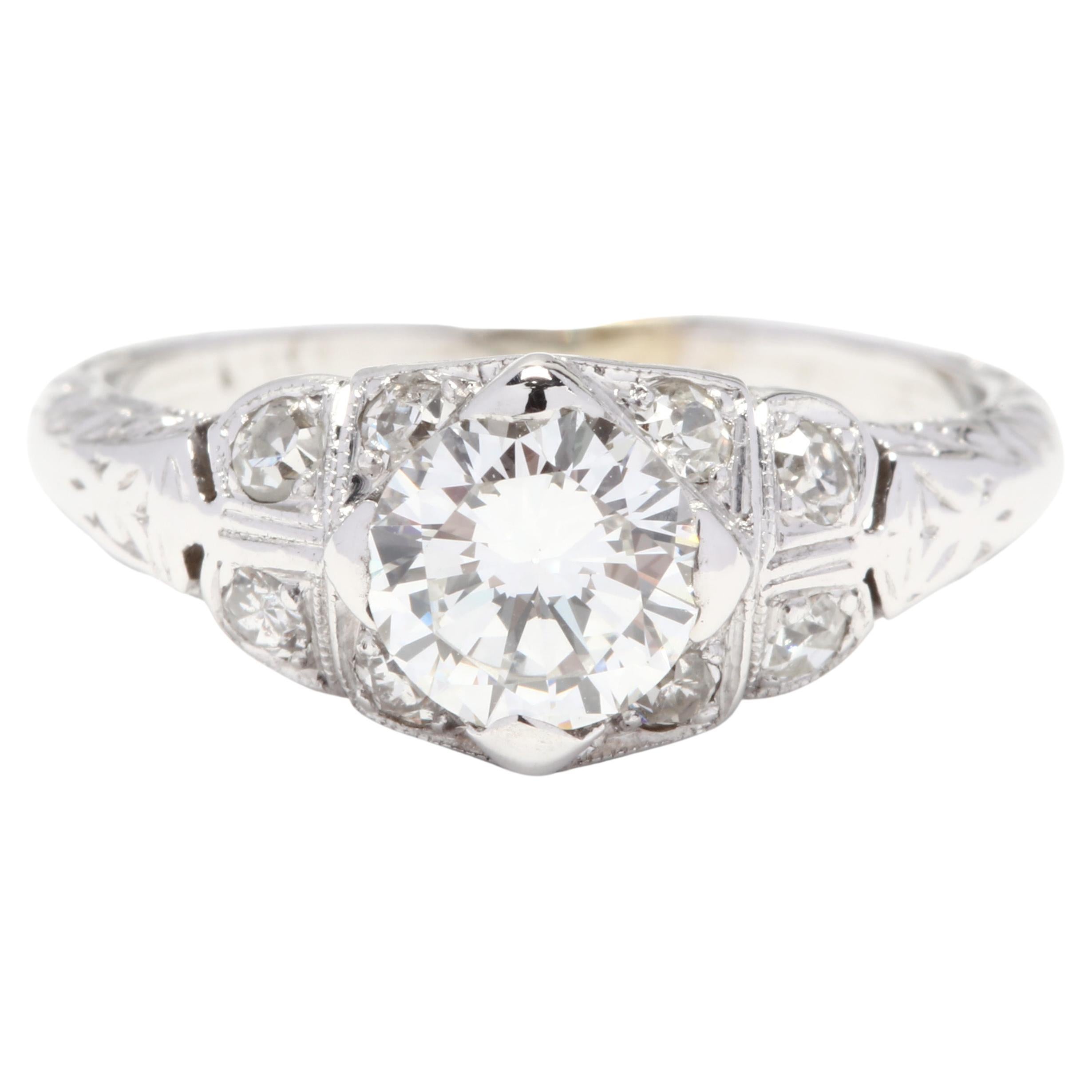 Art Deco 1ctw Diamond Engagement Ring, 18k White Gold, Ring Size 5